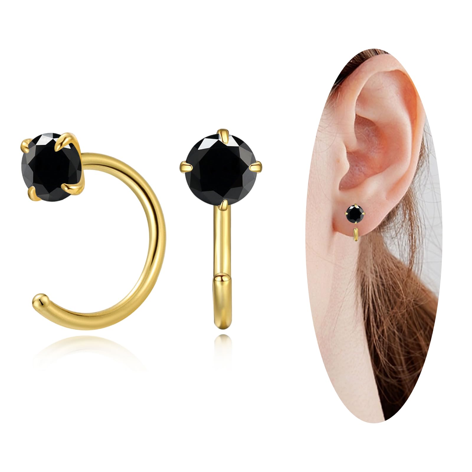 14K Gold Small Hoop Earrings for Women - Tiny CZ Huggie Half Hoop Earrings | Hypoallergenic Trendy Jewelry | Perfect for Christmas, Birthday, Wedding & Everyday Wear (Black)