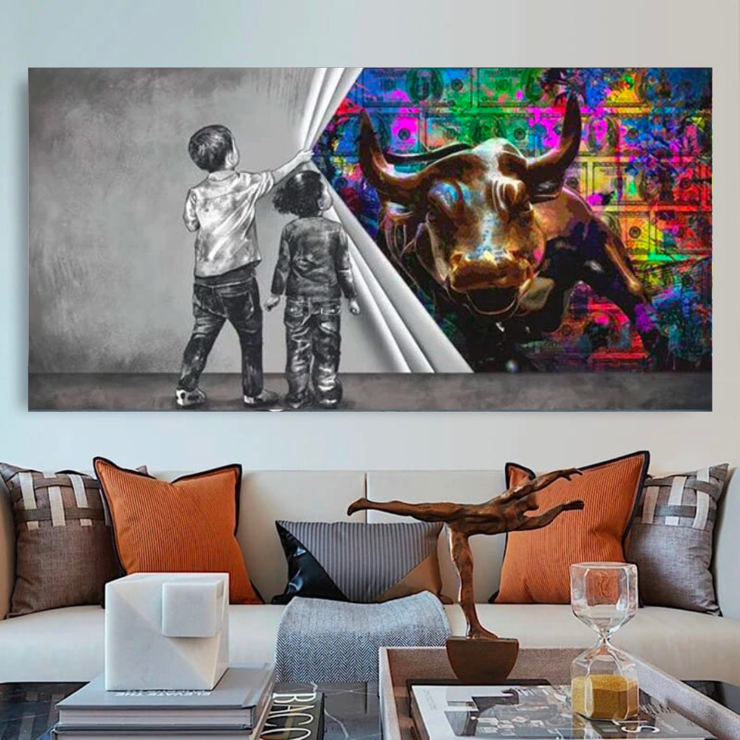 Banksy Art Boy Girl Pulling Curtain Canvas Wall Art Print - Modern Street Art Decor for Living Room, Bedroom & Office