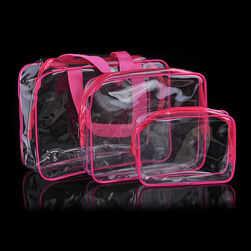 3 in 1 Clear Toiletry Bag with Zipper - Waterproof PVC Travel Cosmetic Organizer for Makeup & Toiletries - Transparent Wash Bag for Luggage, Gym, Camping & Air Travel - 3 Pack (Pink)