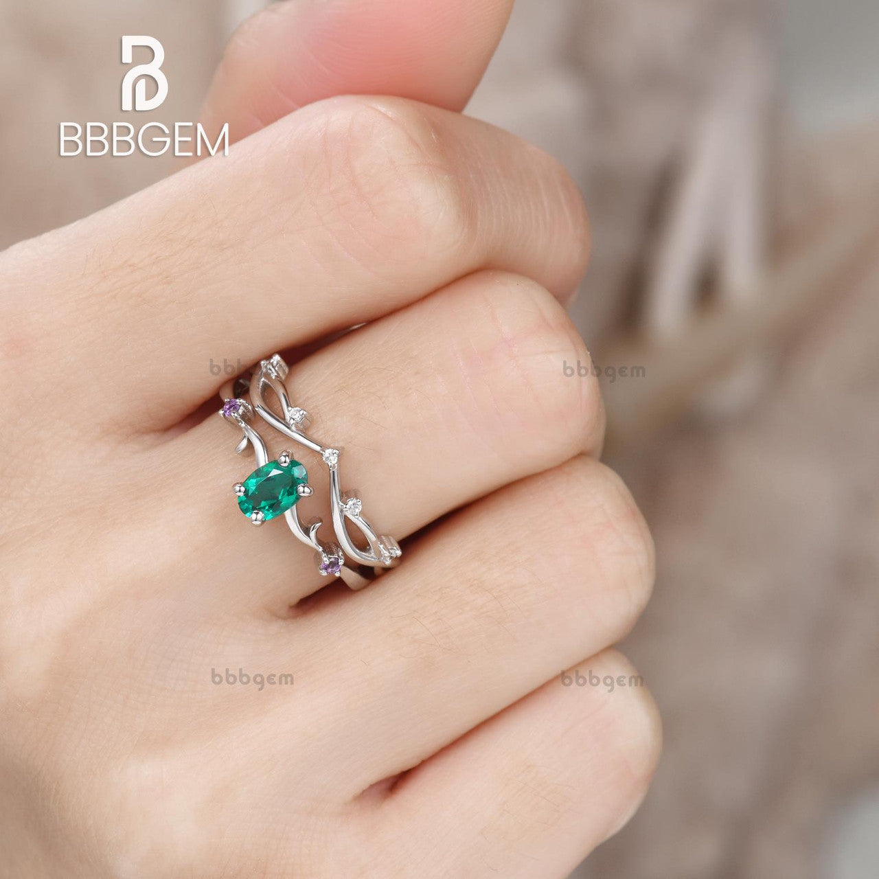 Vintage Emerald Amethyst Twig Engagement Ring Set - 14K White Gold Branch Wedding Ring for Women - Perfect for Proposals, Anniversaries & Romantic Occasions