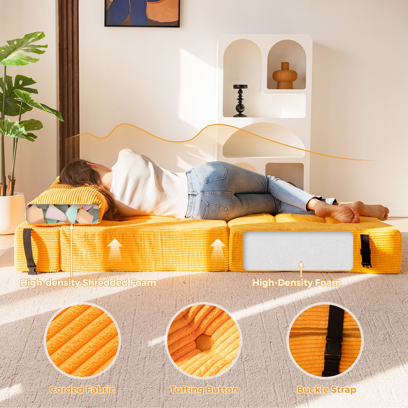 MAXYOYO Convertible Folding Sofa Bed with High Density Support Foam - Comfortable Sleeper Sofa for Small Spaces, Guest Room & Apartment Living - Orange Modern Futon for Living Room, Bedroom & Office