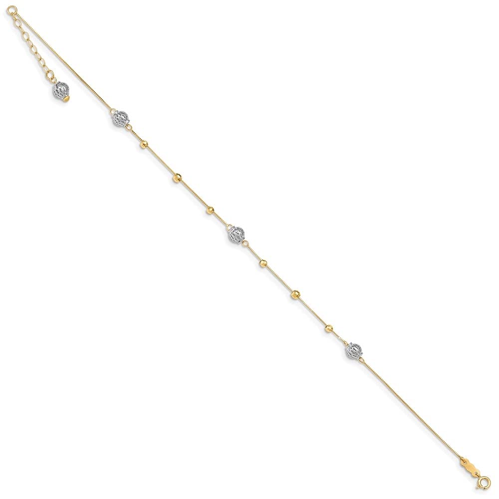 14K Yellow Gold Two-Tone Beaded Anklet Bracelet - 10