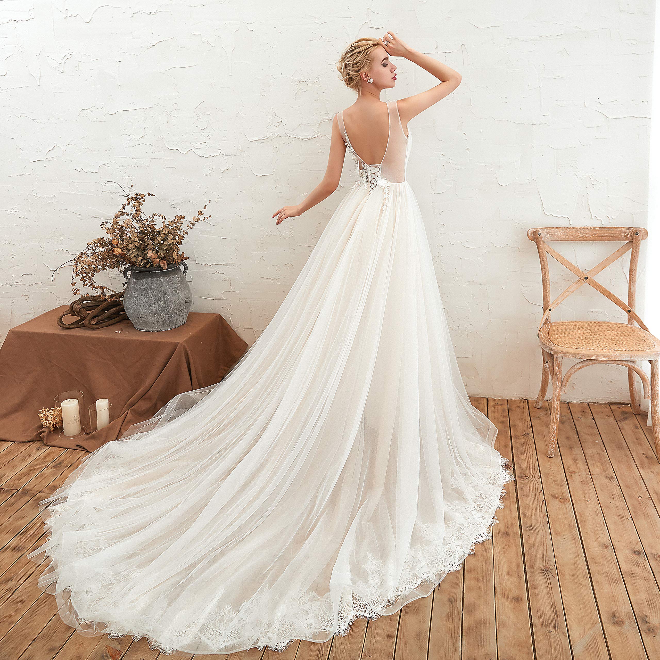 Elegant Women's V-Neck A-Line Lace Applique Beach Wedding Dress for Prom, Bridal Party & Summer Occasions