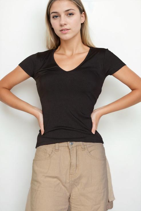 Stylish Ribbed V-Neck Short Sleeve T-Shirt for Women - Comfortable Casual & Layering Top for Summer Outfits, Beach Wear, and Everyday Fashion