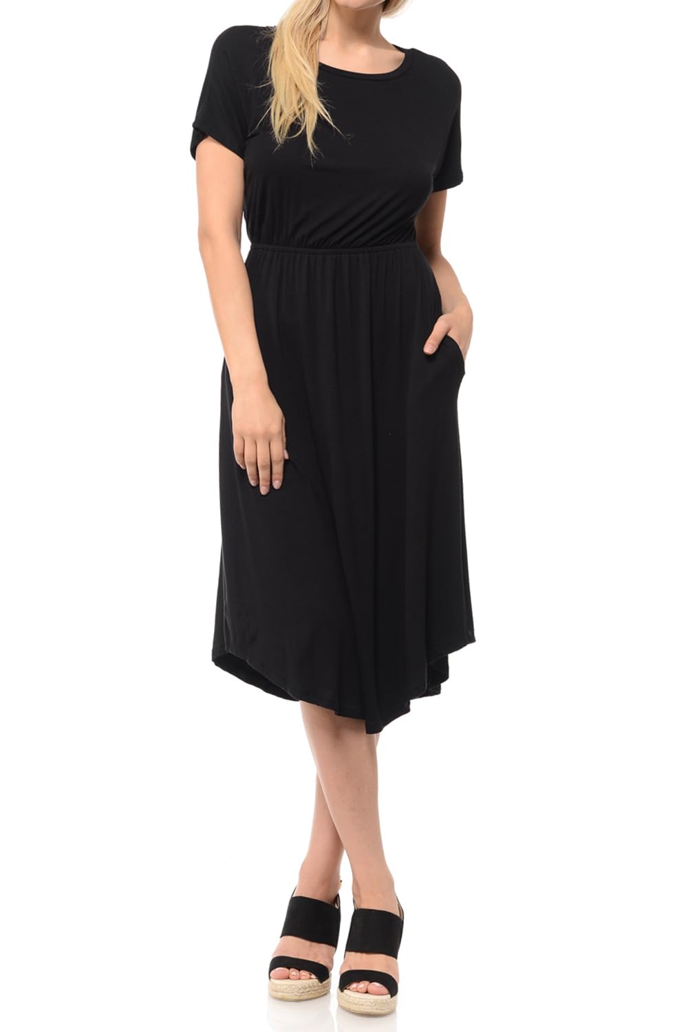 Iconic Luxe Women's Short Sleeve Flare Midi Dress with Pockets - Elegant Casual Summer Dress for Brunch, Beach & Date Night