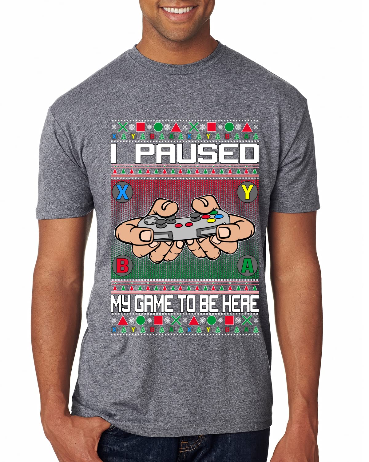 Funny Ugly Christmas Men's Premium Tri-Blend T-Shirt - I Paused My Game to Be Here - Perfect for Holiday Parties & Gamer Gifts