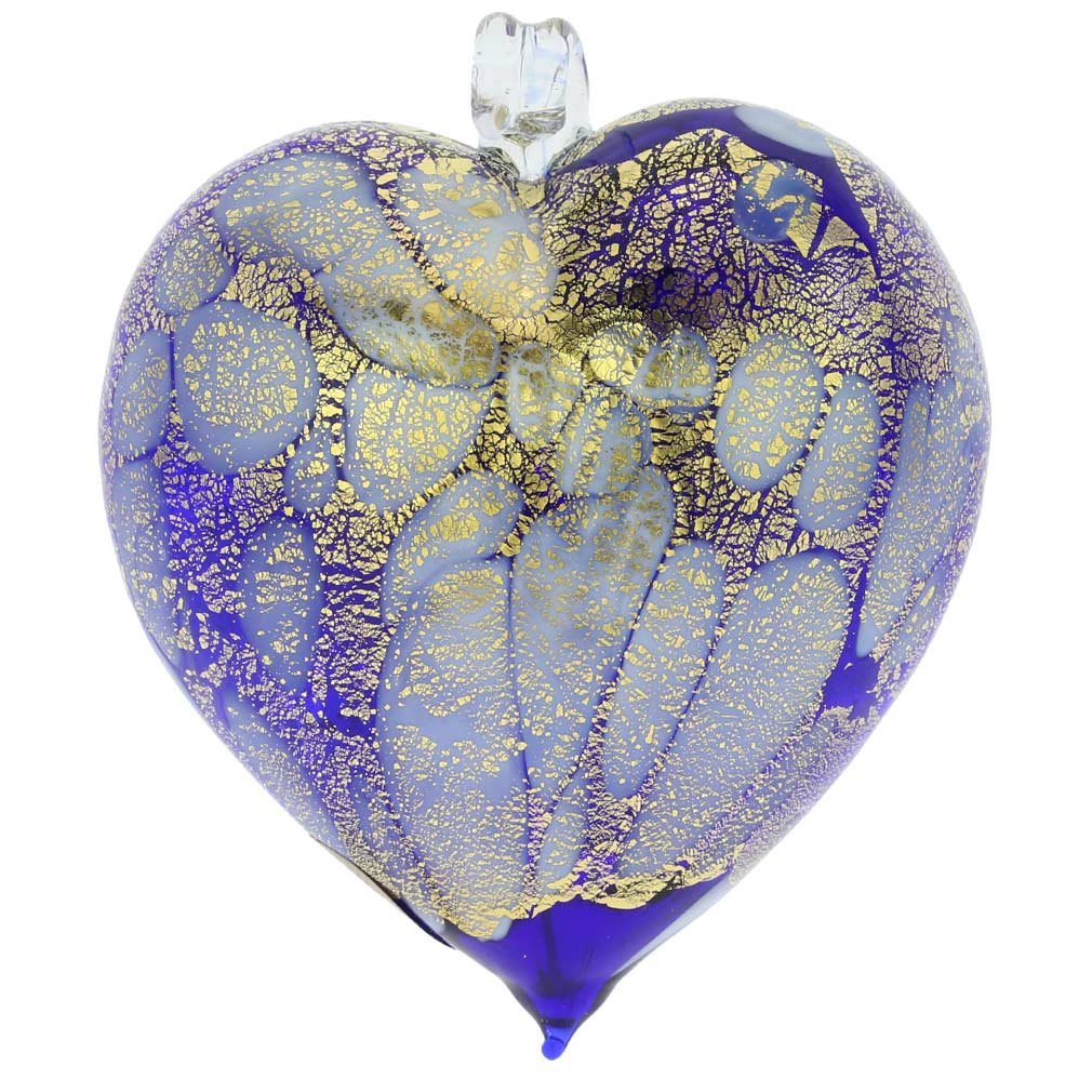 Venetian Murano Glass Spotted Heart Christmas Ornament - Blue & Gold Handmade Holiday Decoration for Tree, Gift, Home Decor