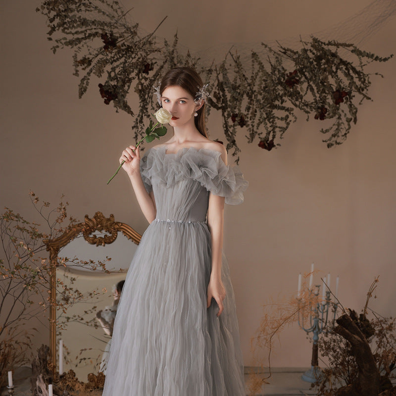 Elegant Gray Tulle Long Prom Dress with Off-Shoulder Neckline - Formal Evening Gown for Homecoming, Wedding Guest & Special Occasions