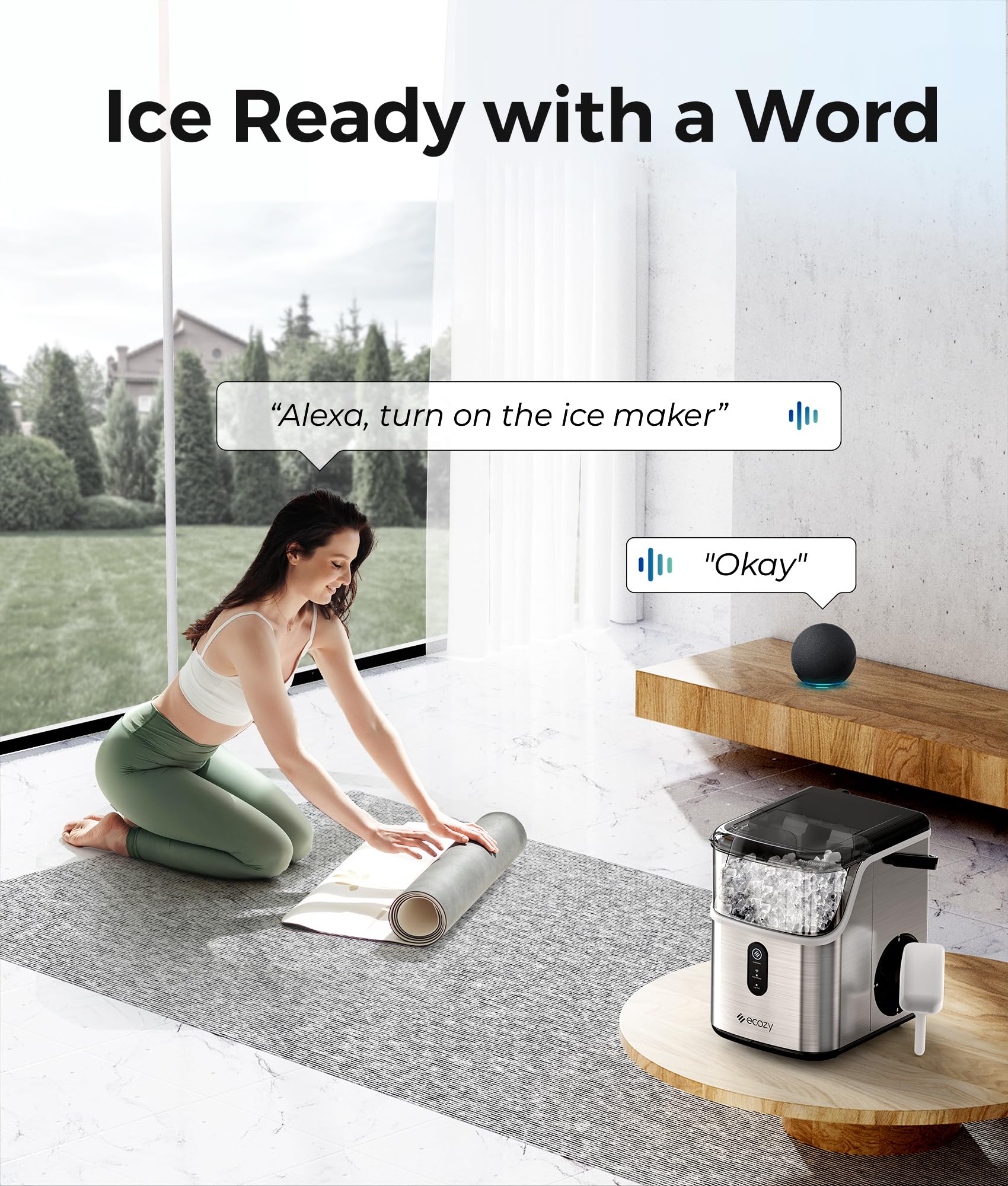 Ecozy Smart Countertop Nugget Ice Maker - 35lbs/24H Soft Chewable Pebble Ice Machine with Self-Cleaning & Voice Control for Home, Kitchen, Bar, Office - Stainless Steel - Perfect for Cocktails, Sodas, and Party Drinks