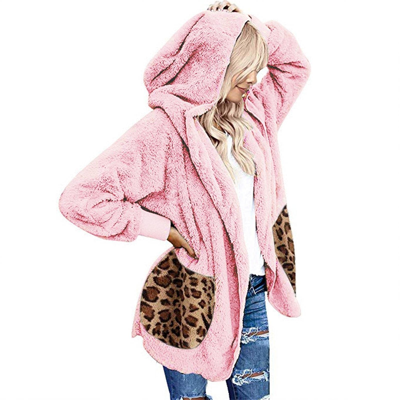 Siilsaa Women's Fuzzy Fleece Leopard Print Sweatshirt - Cozy Long Sleeve Hooded Pullover Jacket for Casual Wear | Perfect for Fall, Winter & Outdoor Activities