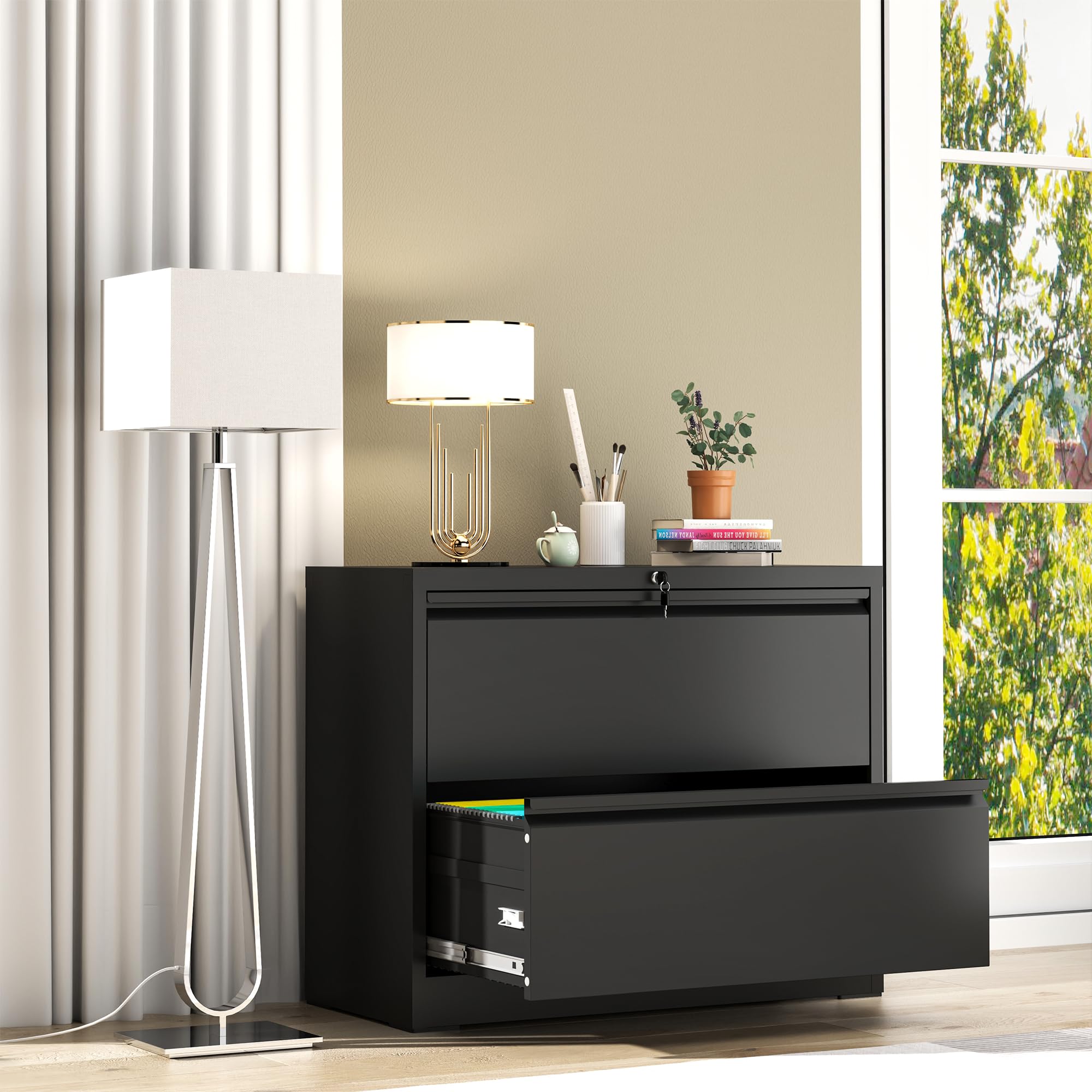 AQY 2-Drawer Locking Metal File Cabinet - Steel Lateral Office Storage for Letter/Legal/F4/A4 Hanging Files - Home & Office Organization Solution (Black) - Perfect for Document Storage in Small Spaces & Shared Workspaces
