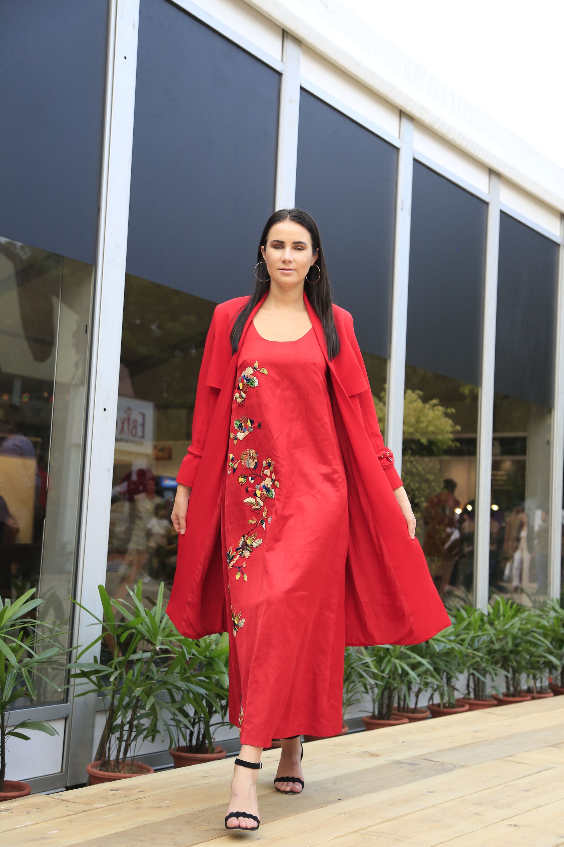 Elegant Red Multicolor Embroidered Dress with Trench Coat Set - Perfect for Weddings, Parties & Special Occasions