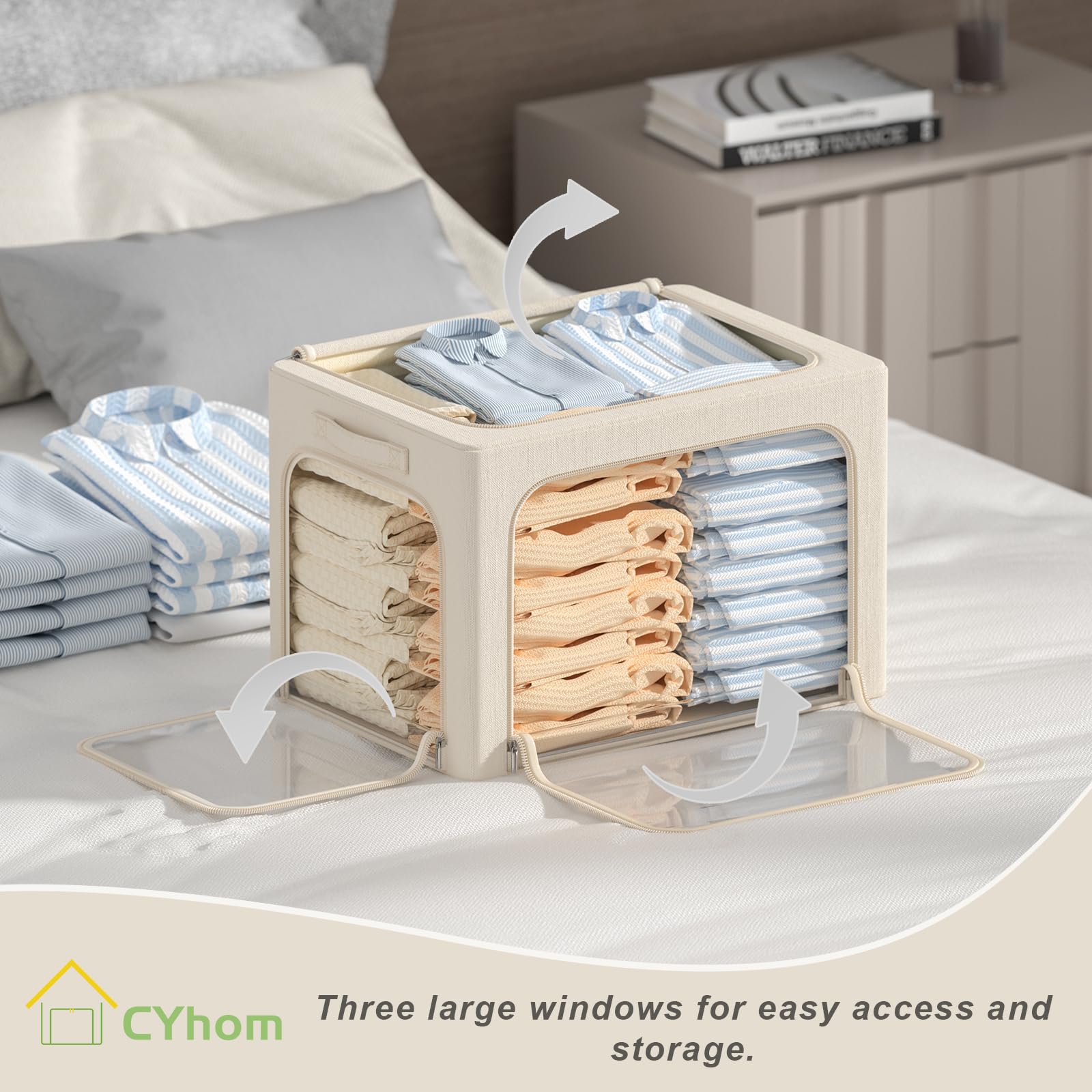 3-Pack Stackable Foldable Storage Bins with Clear Window & Carry Handles - 36L Metal Frame Clothing Organizer Box (15.7x11.8x11.8in, Beige) for Closet, Nursery, or Office Organization