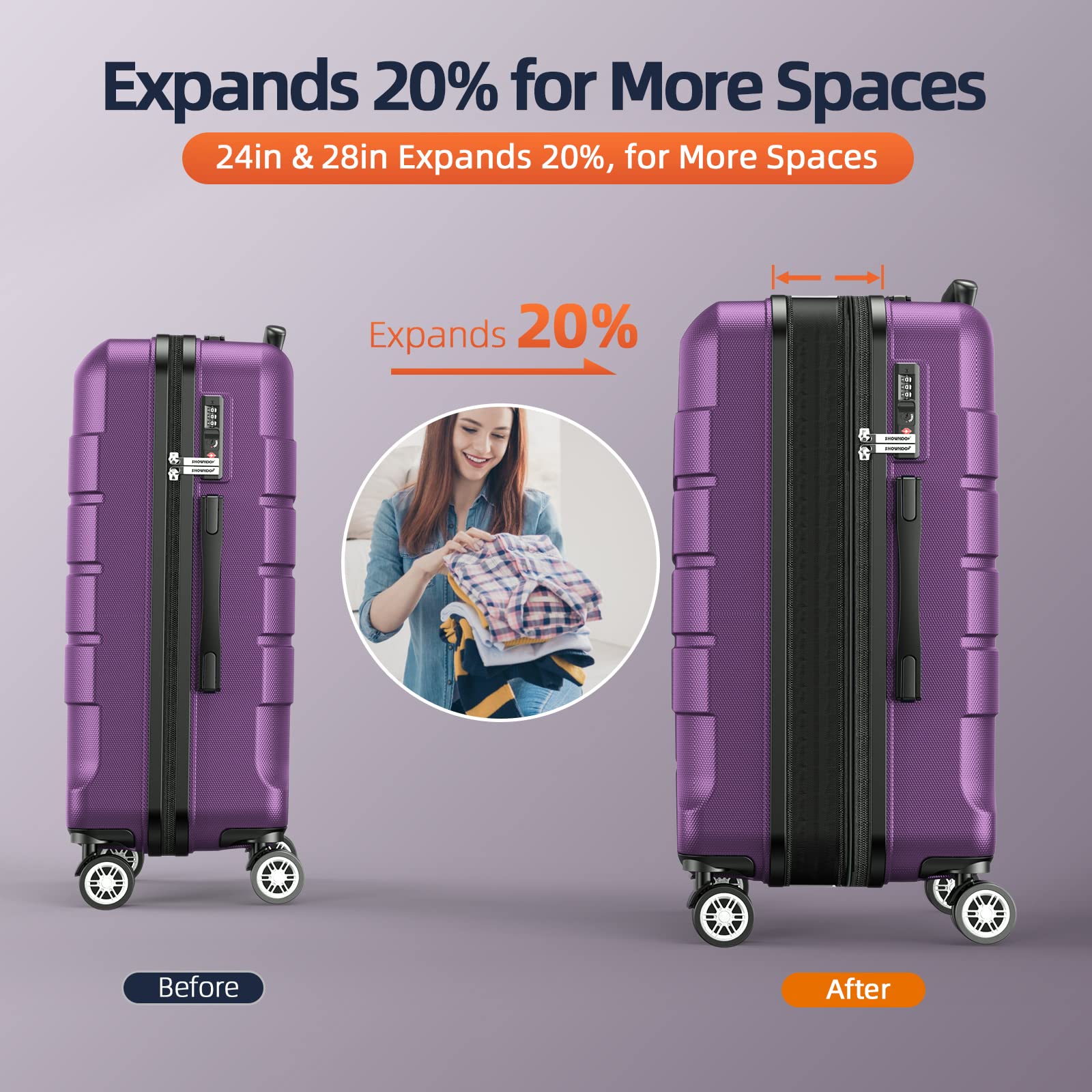 SHOWKOO 4-Piece Expandable Luggage Set with TSA Lock, Durable PC+ABS Suitcases, Double Spinner Wheels - Purple | Perfect for Travel, Business Trips & Family Vacations