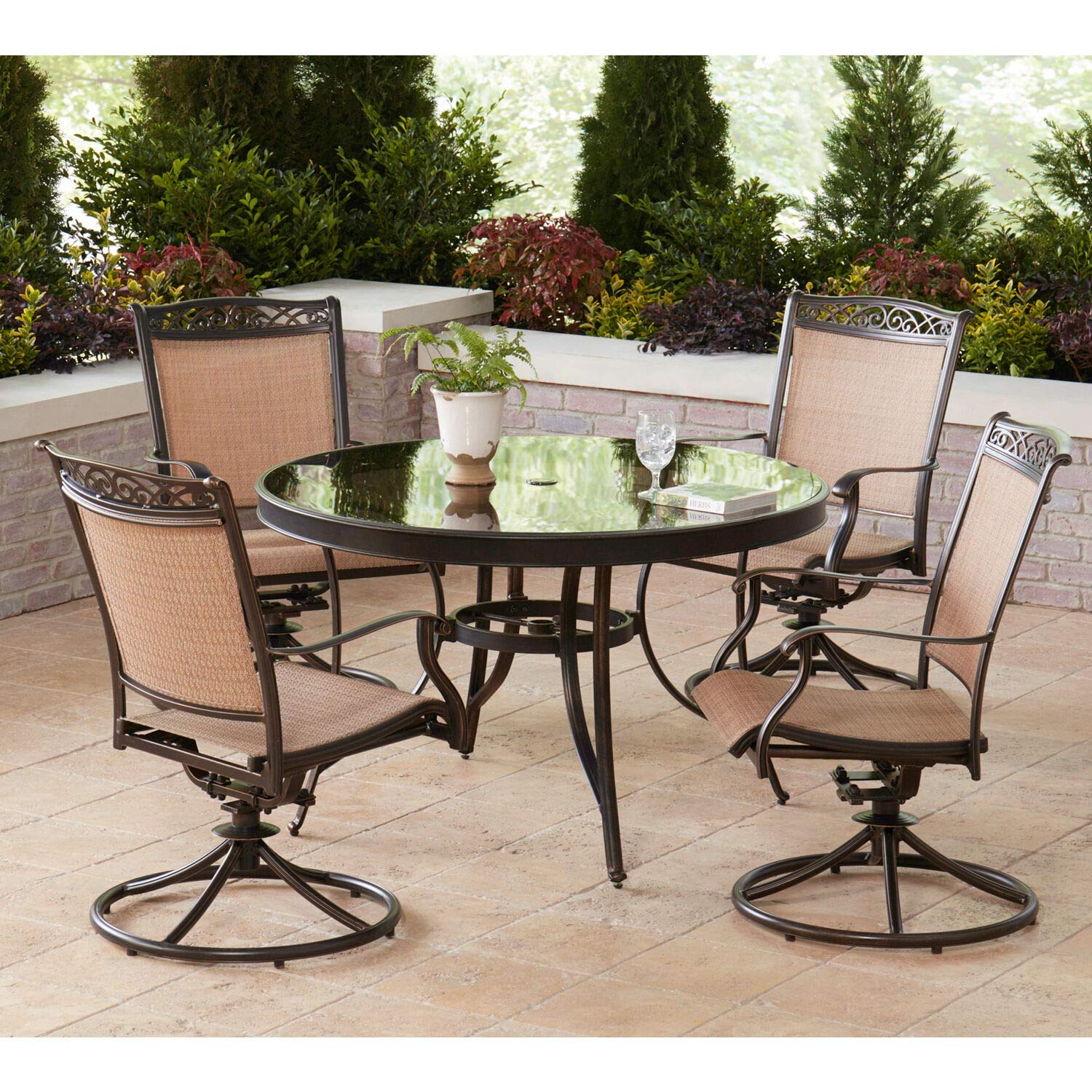 Hanover Fontana 5-Piece Outdoor Dining Set with Tan PVC Sling Swivel Rocker Chairs & 47