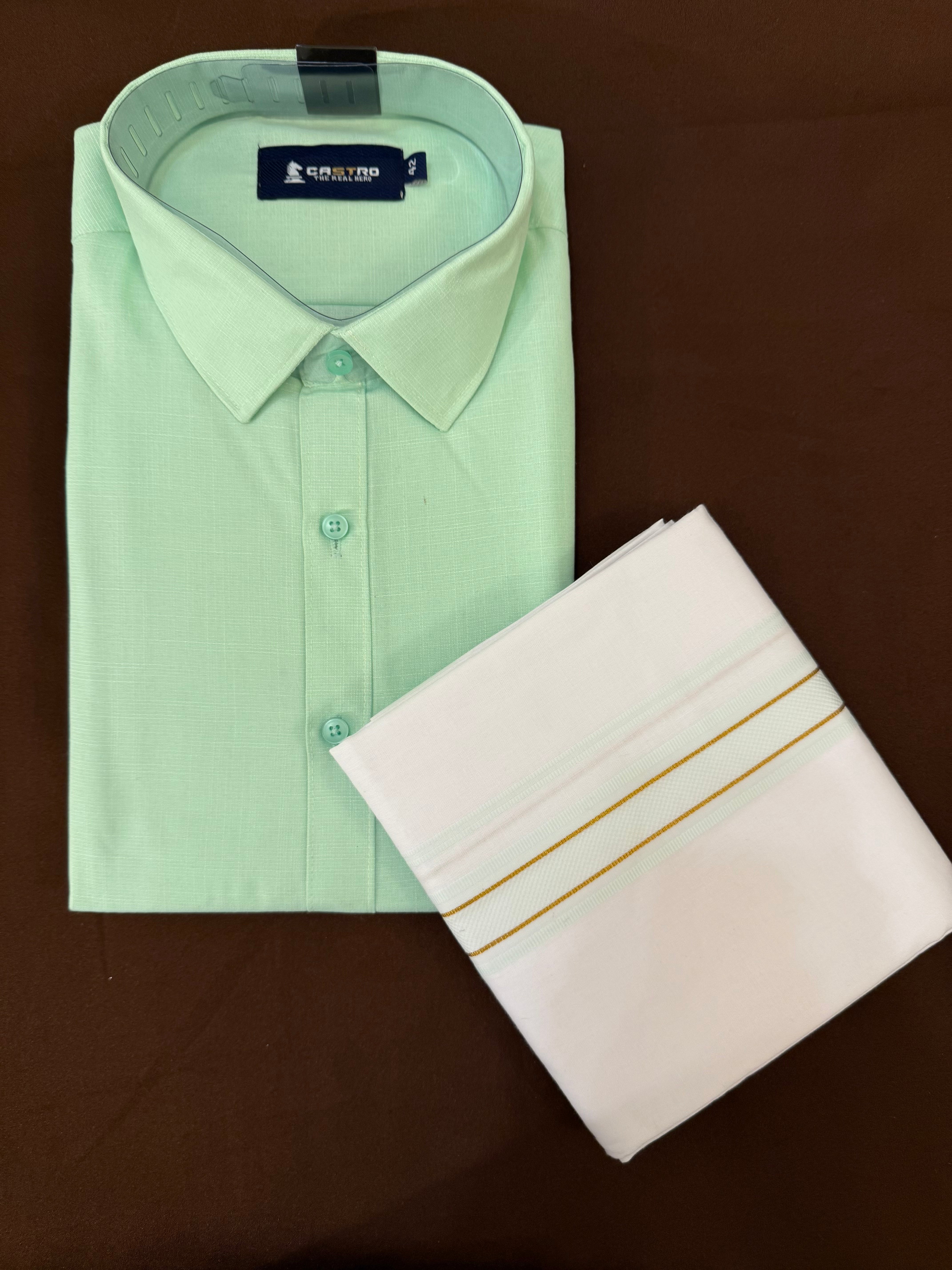 Pastel Green Men's Cotton Shirt with Border Dhoti - Comfortable & Stylish for Casual Wear, Festivals, and Traditional Events