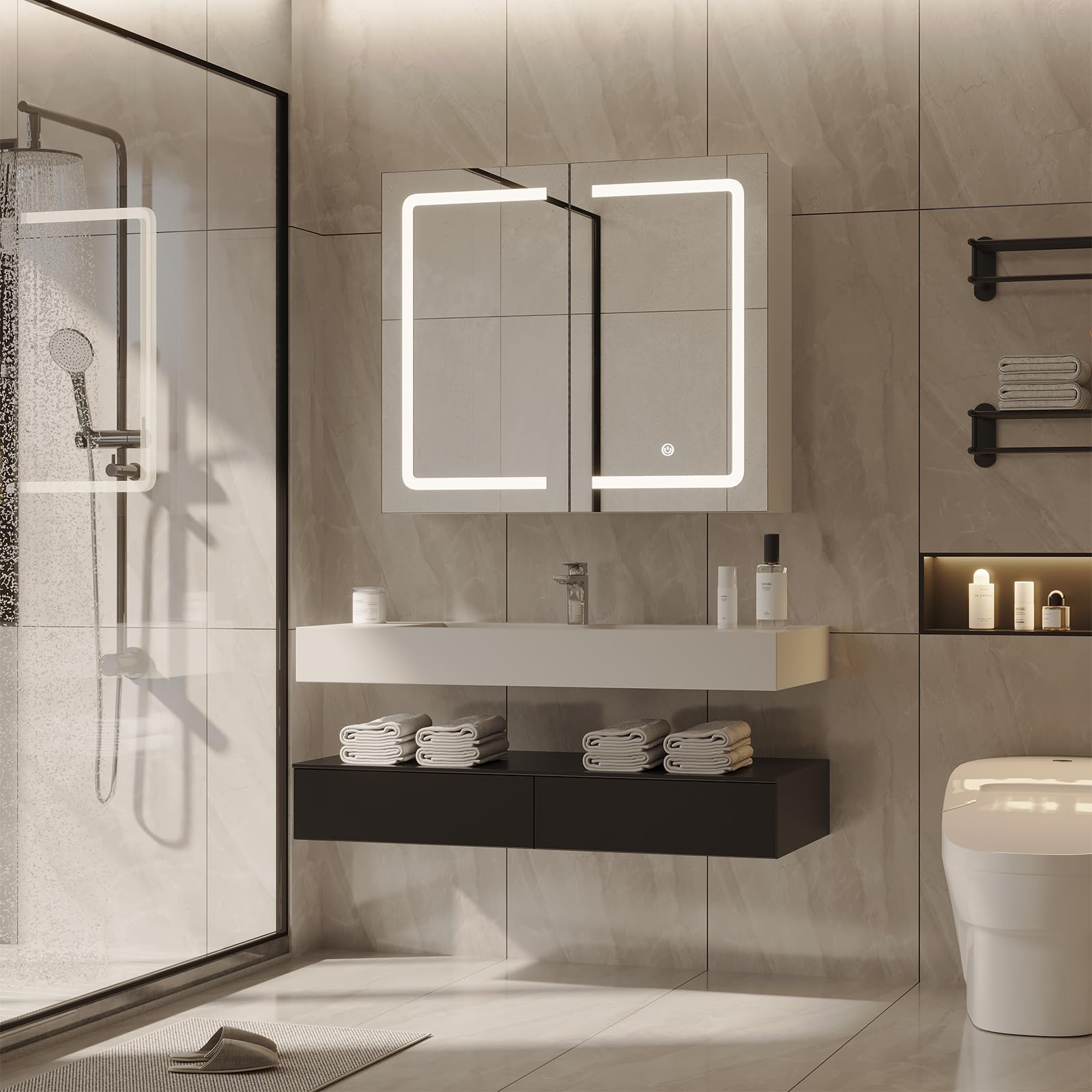 DICTAC 27.6x23.62 Inch LED Lighted Bathroom Medicine Cabinet with Mirror - Double Door Wall Mounted Storage Organizer with Adjustable Shelves, White - Perfect for Modern Bathrooms, Bedrooms & Vanity Areas