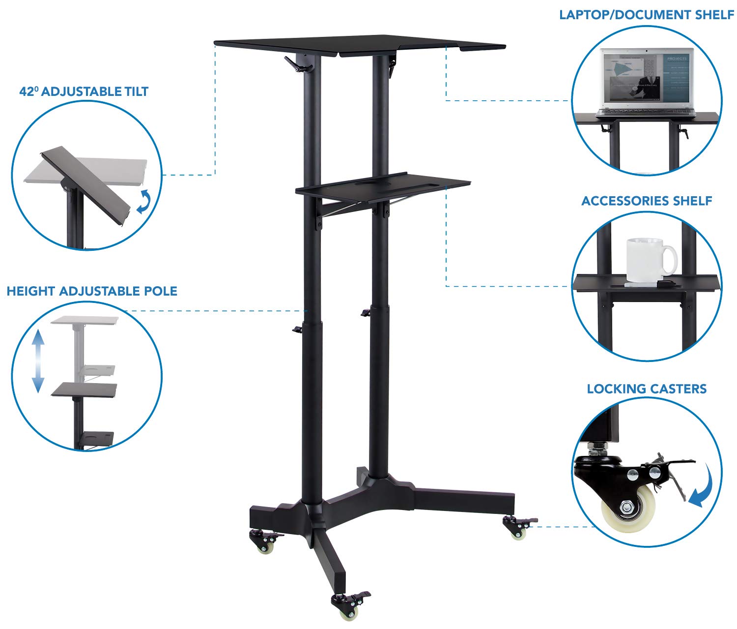 Mount-It! Adjustable Height Mobile Podium Stand with Wheels - Rolling Lectern & Portable Standing Desk with Tilted Shelf & Storage | Perfect for Office Presentations, Classroom Teaching & Conference Room Speeches