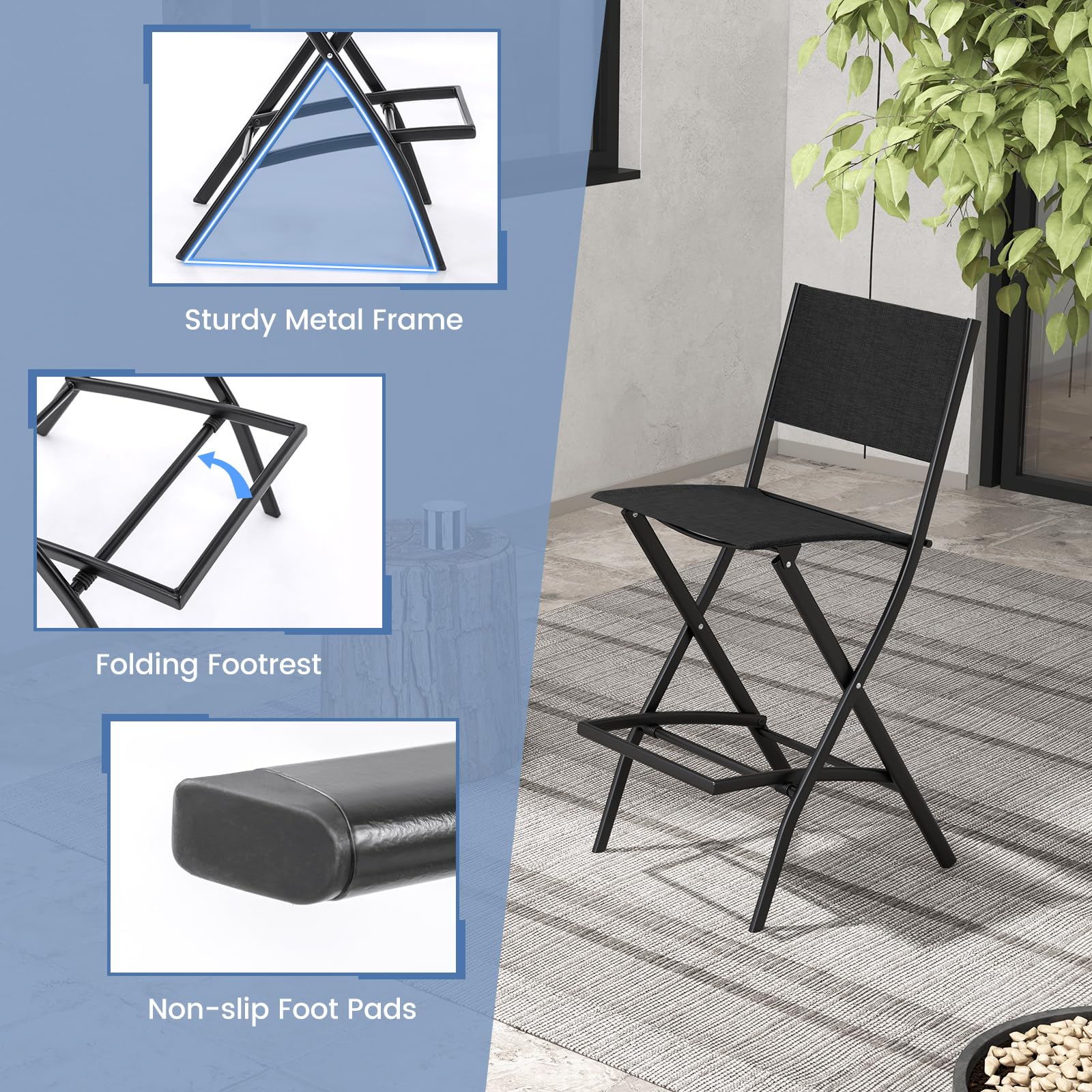 **Tangkula 2-Pack Outdoor Bar Stools - Counter Height Folding Bar Chairs with Backrest & Footrest, Heavy-Duty Metal Frame & Breathable Fabric - Perfect for Patio, Deck, Garden, or Indoor Dining (Black)**