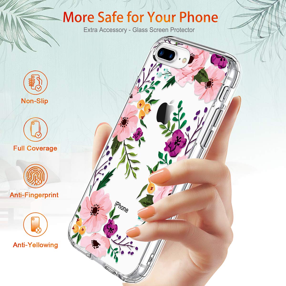GiiKa Clear Heavy Duty Protective Case for iPhone 8 Plus/7 Plus with Screen Protector - Floral Design TPU Bumper Cover for Women & Girls | Perfect for Everyday Use, Work, and Travel Protection