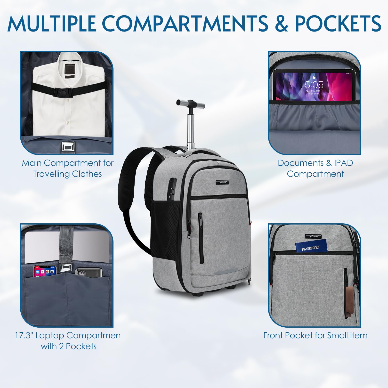 Lychee Concealable Rolling Backpack - 20 Inch Waterproof Wheeled Laptop Backpack for Business Travel with Invisible Shoulder Straps - Durable Grey Suitcase Alternative for Commuters & Airplane Carry-On
