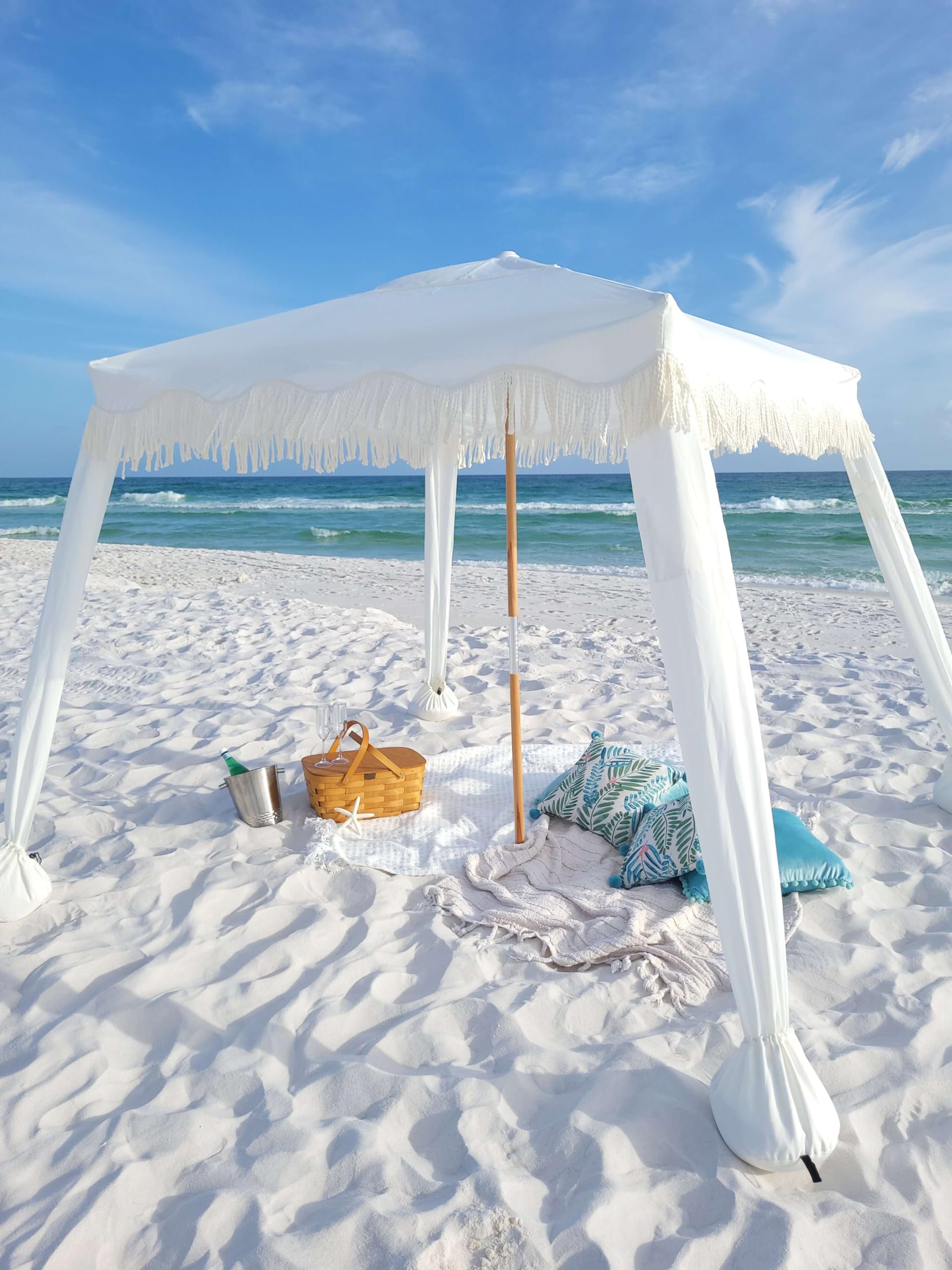 AMMSUN 6'×6' Boho Beach Cabana with Fringe & Tassels - Premium Wood Pole, Easy Setup Sun Shade Tent with Sand Pockets - Perfect for Beach, Poolside, Garden, Patio & Backyard Relaxation - Elegant White Canopy Shelter
