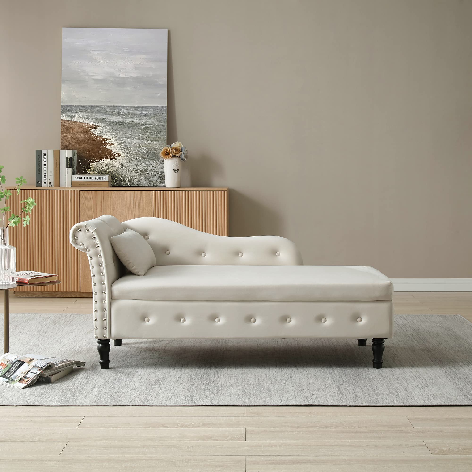 Holaki Velvet Storage Chaise Lounge - Tufted End of Bed Bench with Pillow, Nailhead Trim & Solid Wood Legs | Modern Sleeper Sofa Couch for Living Room, Bedroom & Dorm (Beige) - Perfect for Small Spaces, Guest Seating & Extra Storage