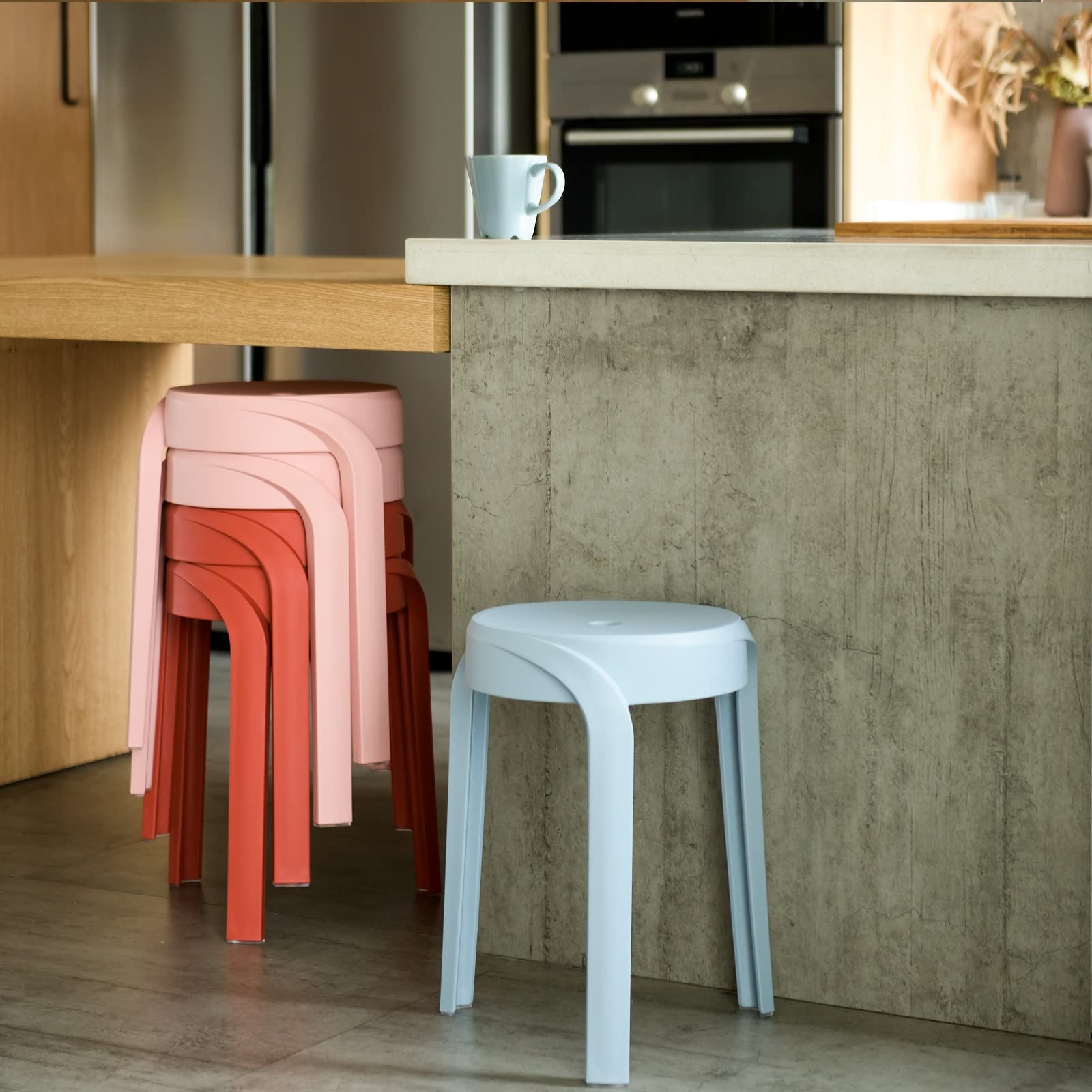 17.7 Inch Modern Plastic Stool Set of 4 - Round Stackable Chairs with Unique Whirl Design - Waterproof Indoor/Outdoor Use for Home, Office, Classroom, Shower - Perfect for Patio, Garden, Poolside & Small Spaces (Grey)