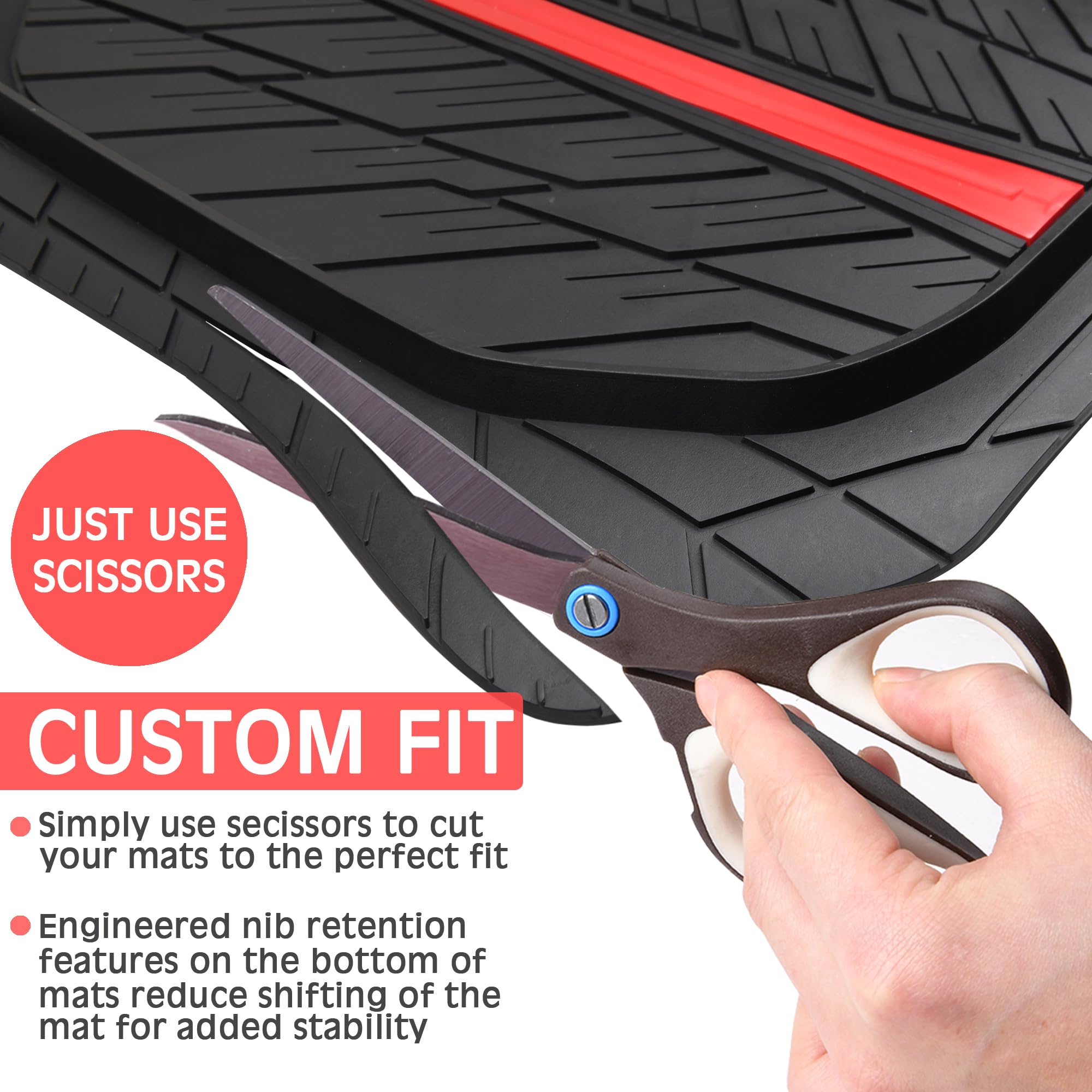 Heavy Duty All Weather Rubber Floor Mats for Cars & SUVs - CAR PASS Tire Tread DeepDish Design, Universal Fit (Trim to Size), Waterproof 3-Piece Set (Red/Black) - Perfect for Trucks, SUVs & Off-Road Vehicles in Rain, Snow & Mud Conditions