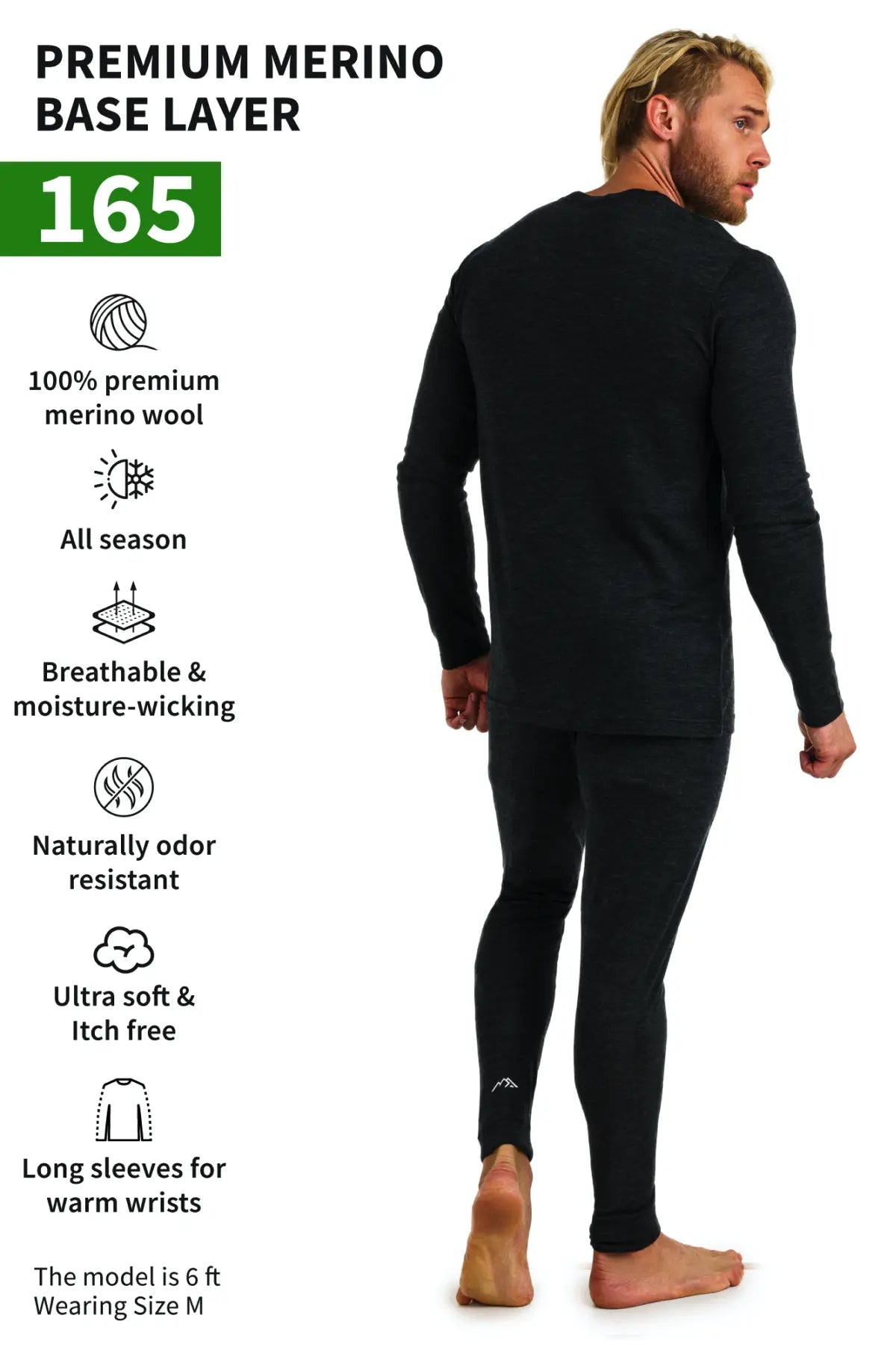 Men's Merino Wool Thermal Underwear Set - 165 GSM Charcoal Grey - Base Layer for Winter Hiking, Skiing & Cold Weather Activities