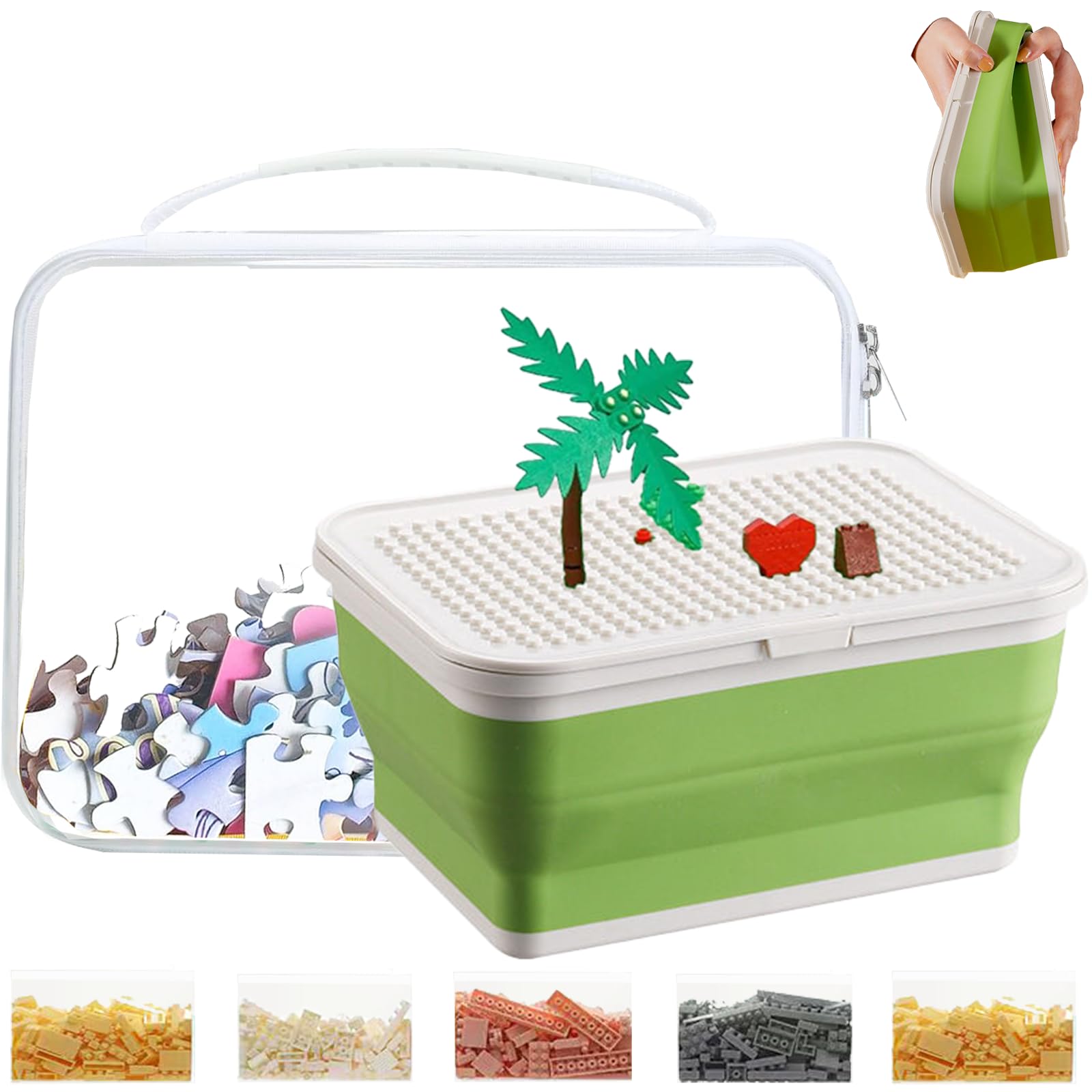 Lego Storage Organizer with Baseplate Lid & 5 Compartment Bags - Compressible Brick Box for Lego Toys, Building Blocks & Tabletop Games | Perfect for Kids' Playroom, Classroom & Travel Organization