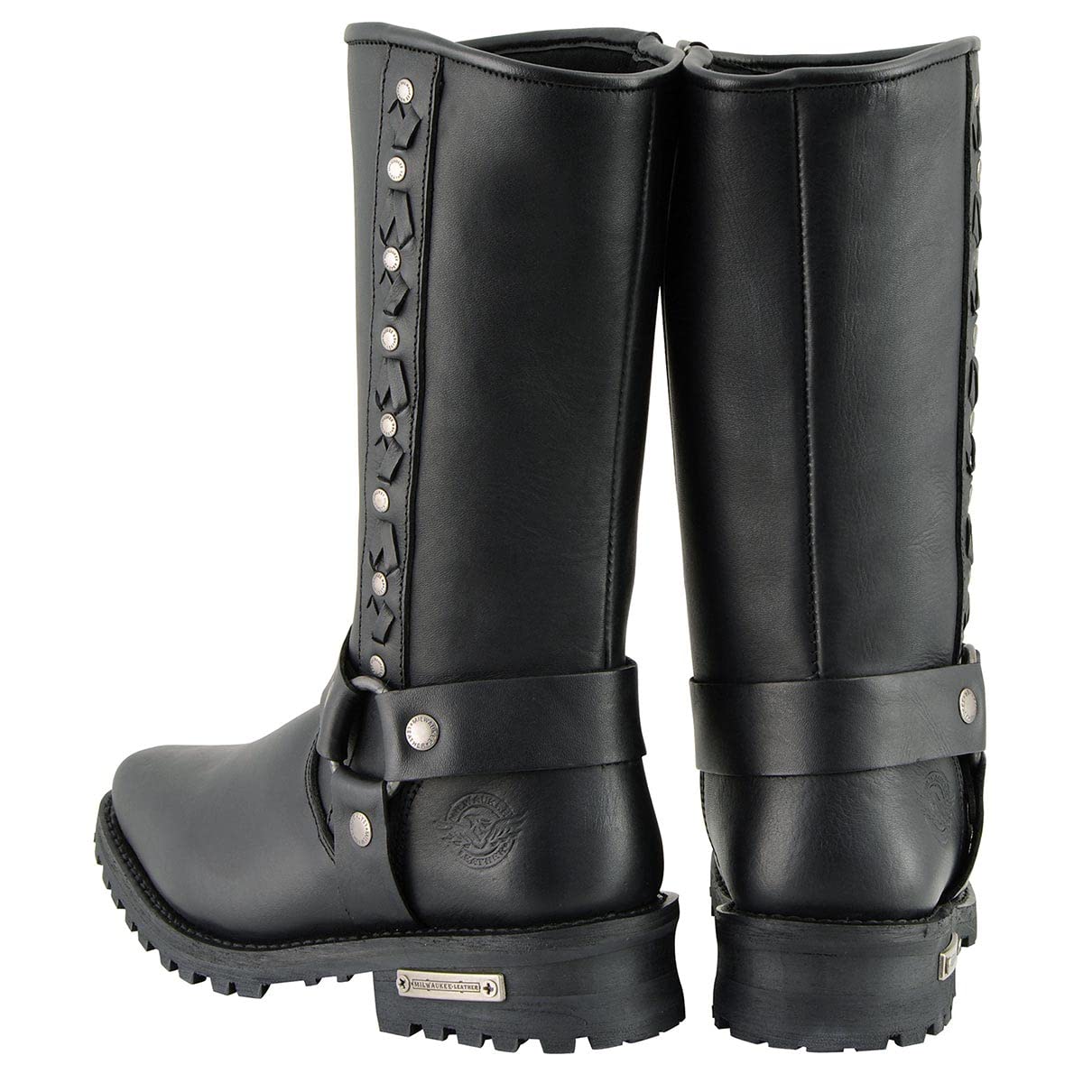 Milwaukee Leather MBM9025 Men's Black Leather Motorcycle Boots with Braid & Riveted Details - Durable Riding Boots for Harley Davidson & Cruiser Bikes
