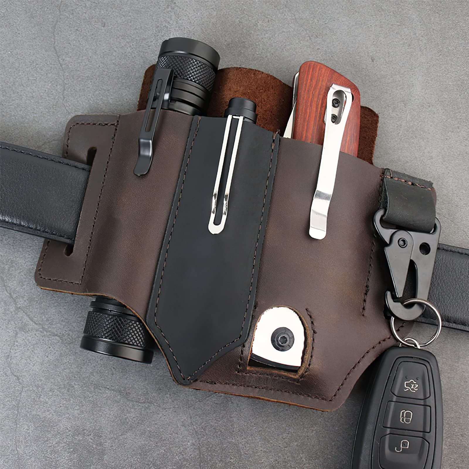 Leather Multitool Belt Sheath - EDC Pocket Organizer for Men with Key Holder, Flashlight Holster & Pen Pouch - Perfect for Outdoor Adventures, Camping & Everyday Carry