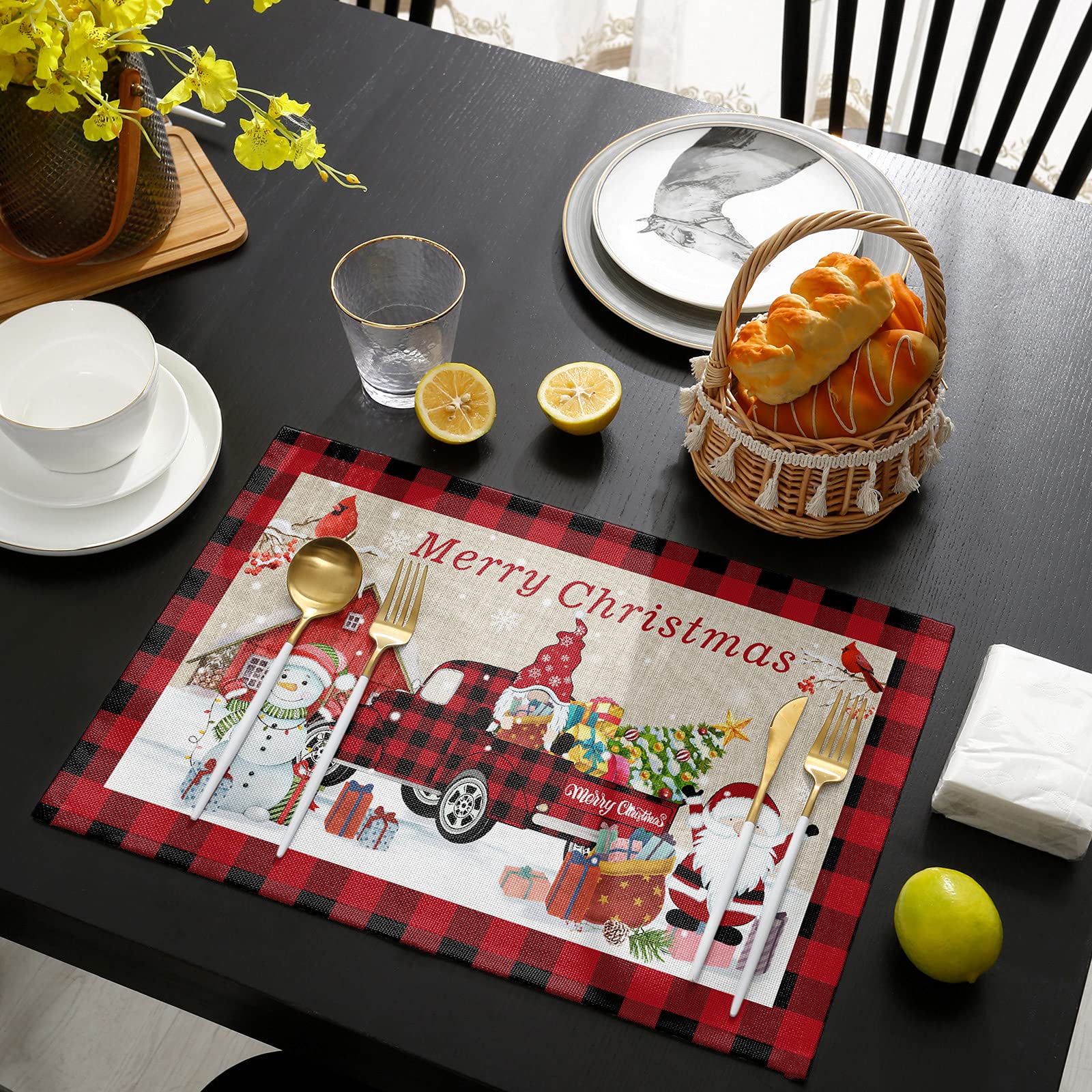 Christmas Placemats Set of 4 - Washable Holiday Table Mats with Xmas Truck, Gnomes & Snowman Design - 13x19 Inch Buffalo Plaid Dining Mats for Kitchen, Restaurant & Picnic Decor - Perfect for Holiday Dinners, Party Decorations & Festive Gatherings