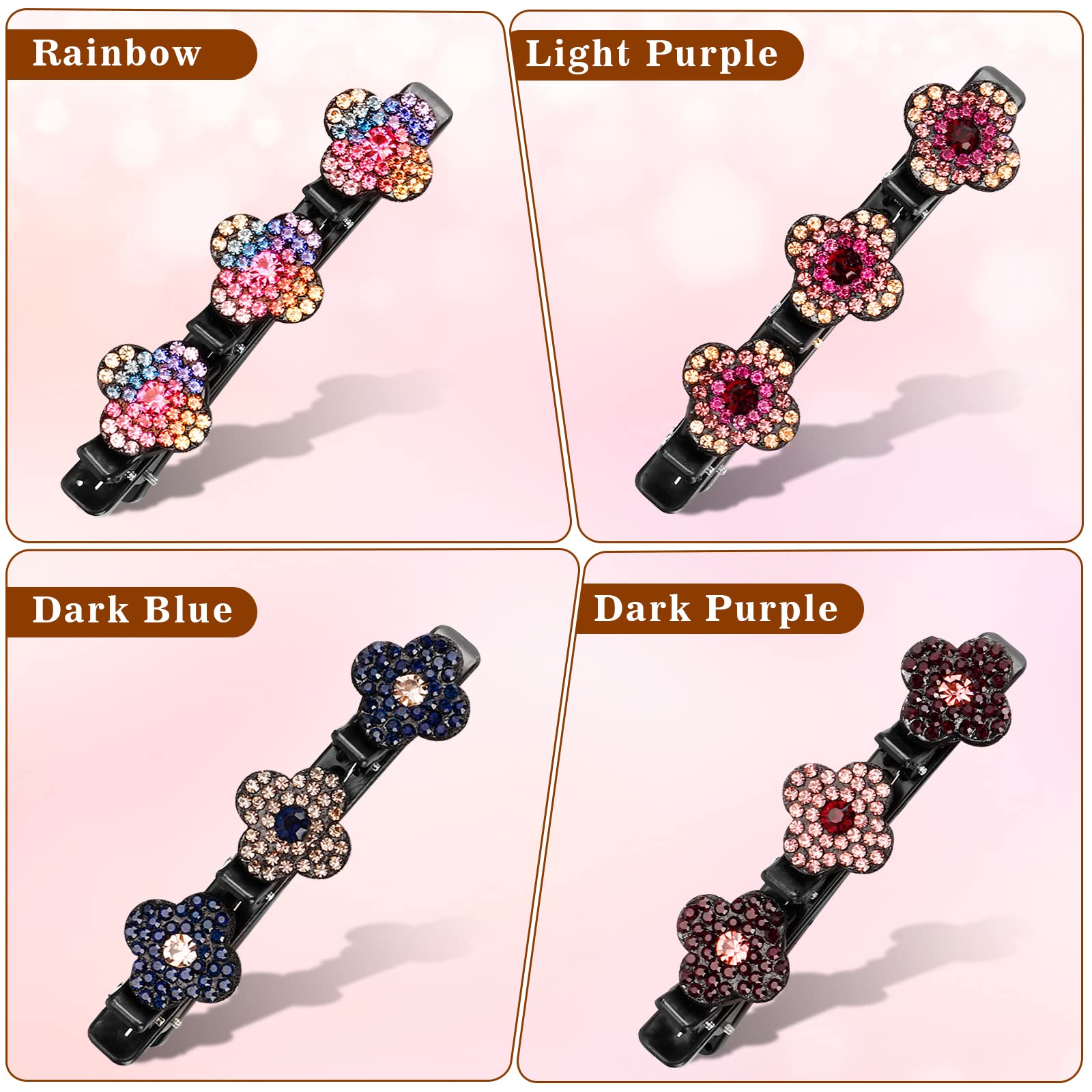 Sparkling Crystal Stone Braided Hair Clips for Women - Elegant Triple Hair Clips Set with 3 Small Clips for Girls (Pack of 4) - Perfect for Weddings, Parties, and Everyday Styling