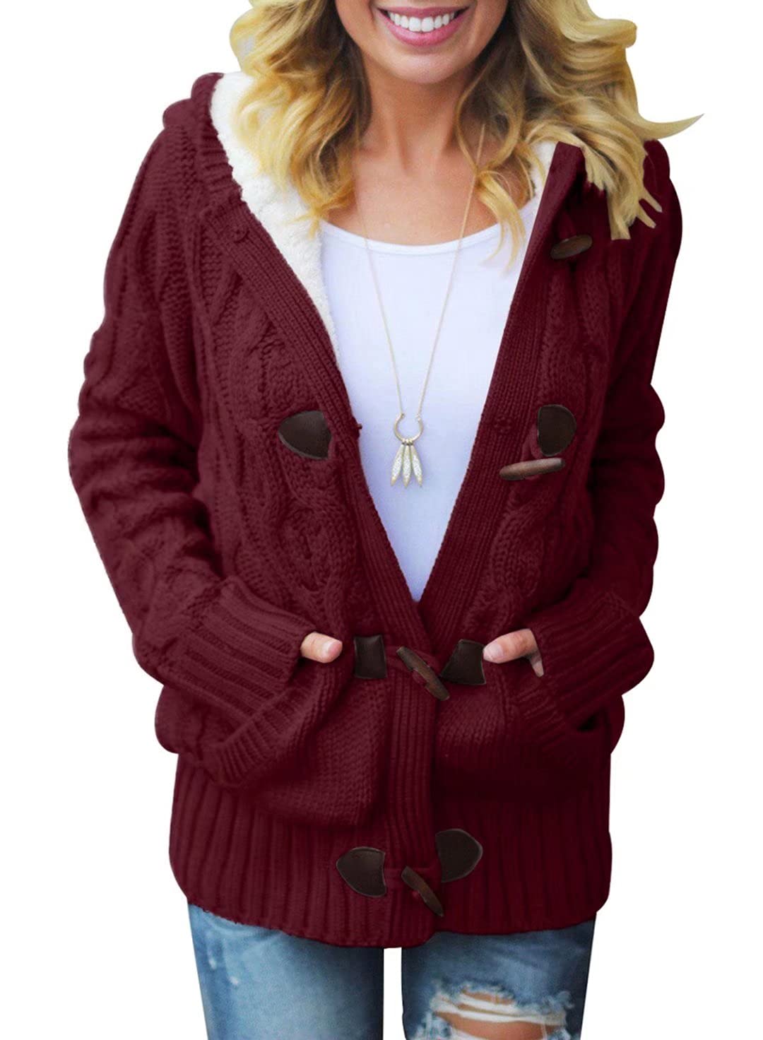Dokotoo Women's Winter Hooded Cardigan Sweater - Button Up Cable Knit Coat Jacket with Pockets | Warm Outerwear for Casual Wear, Office & Holiday Outfits