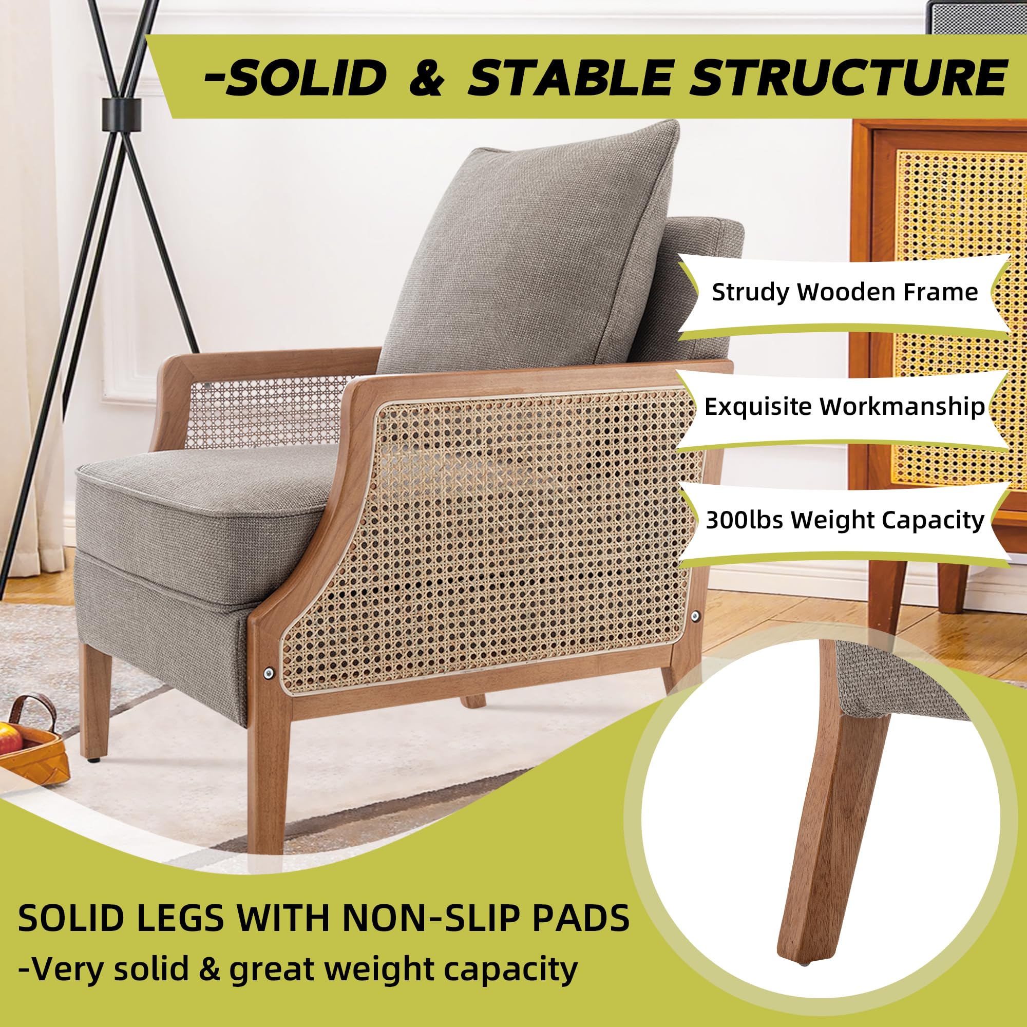 HAOBO Mid Century Modern Accent Chair - Upholstered Living Room Armchair with Rattan Armrest & Wood Frame - Comfortable Lounge Chair with Waist Cushion - Perfect for Reading Nook, Living Room Decor & Cozy Sitting Area