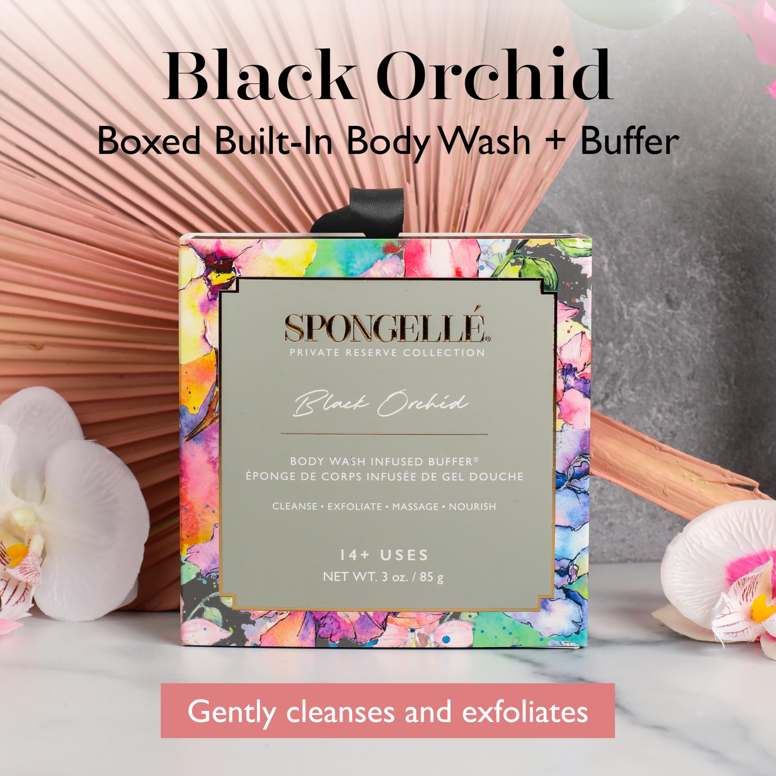 Spongelle Black Orchid Body Wash Infused Buffer - Exfoliating Shower Sponge with Luxurious Lather for Smooth Skin | Perfect for Shower, Bath & Spa Day Self-Care Routine