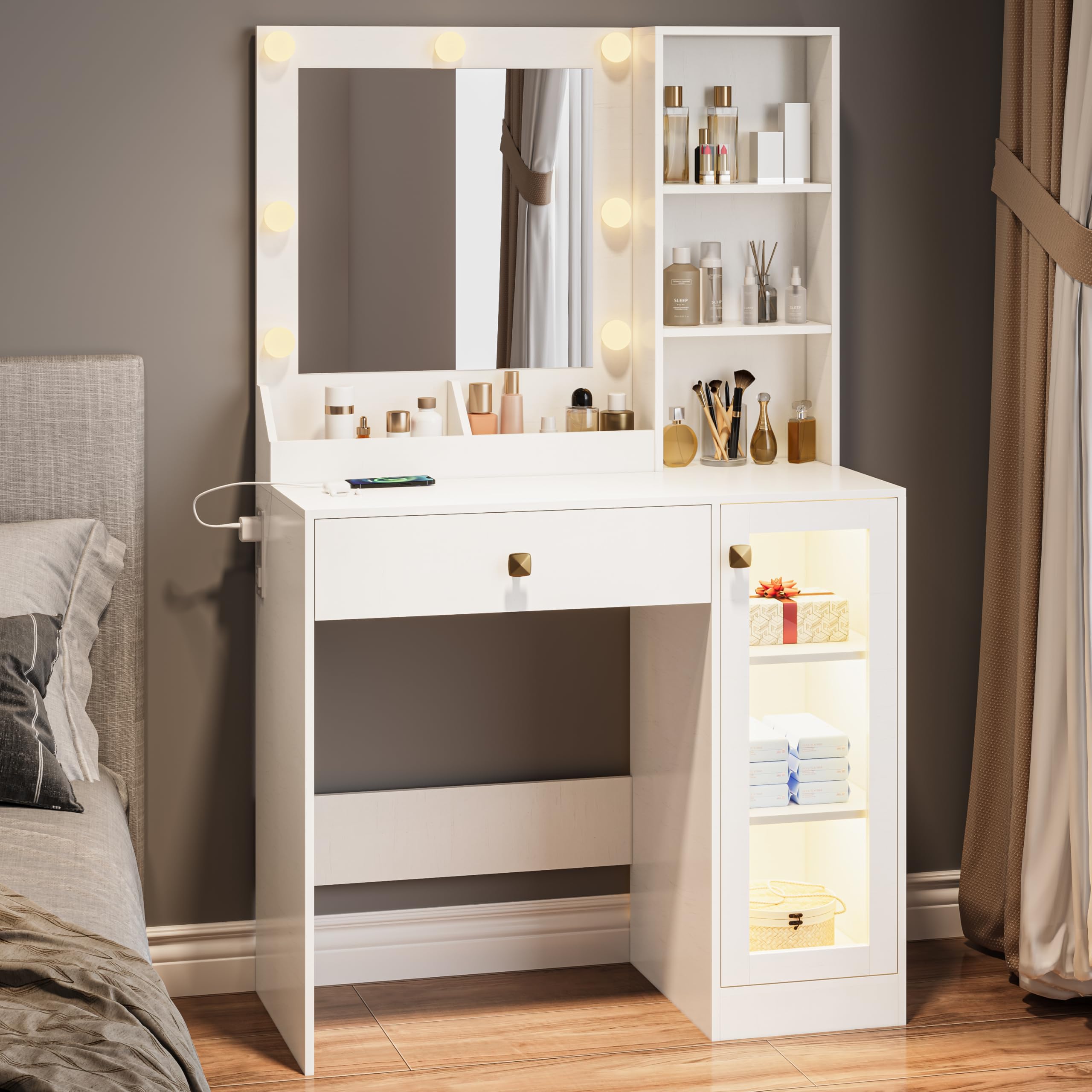 Vanity Desk with Mirror and LED Lights, Makeup Dressing Table with USB Charging Station, RGB Storage Cabinet & Large Drawer, White Bedroom Furniture for Women - Perfect for Makeup Application, Skincare Routine and Home Decor