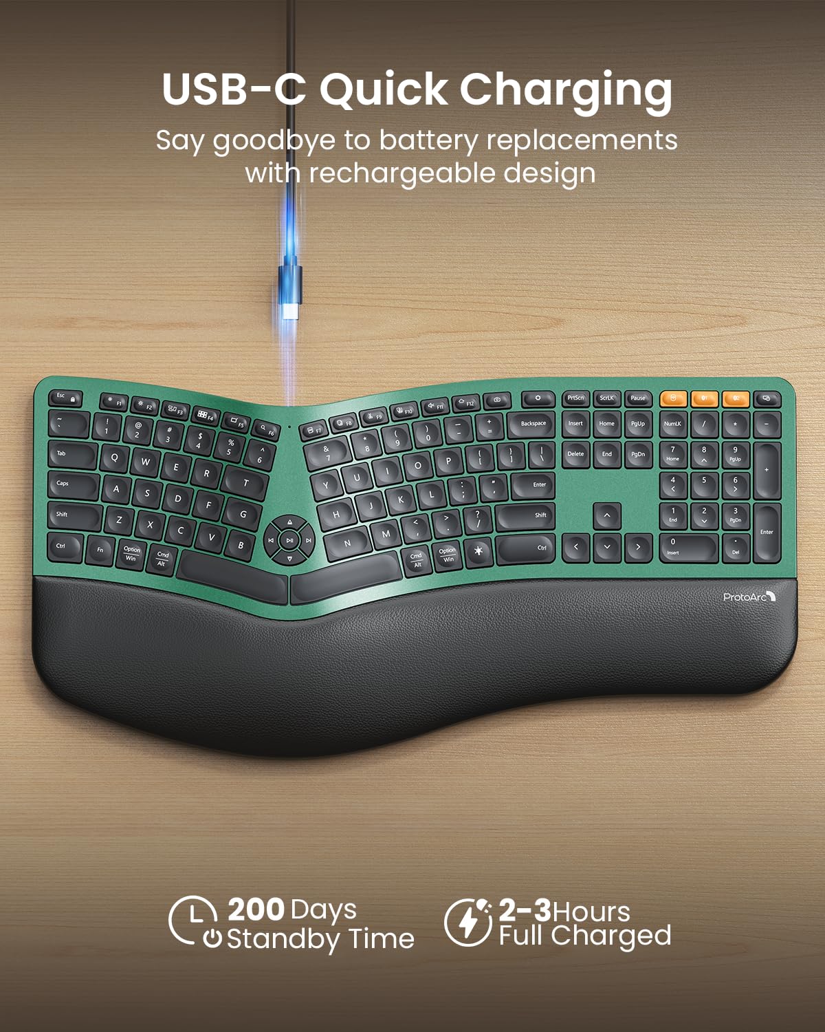 ProtoArc EK01 Plus Backlit Bluetooth Ergonomic Wireless Split Keyboard - Full Size with Dual Bluetooth & USB, Cushioned Wrist Rest, Rechargeable - Compatible with Windows/Mac/Android (Green) | Perfect for Office Work, Gaming & Long Typing Sessions