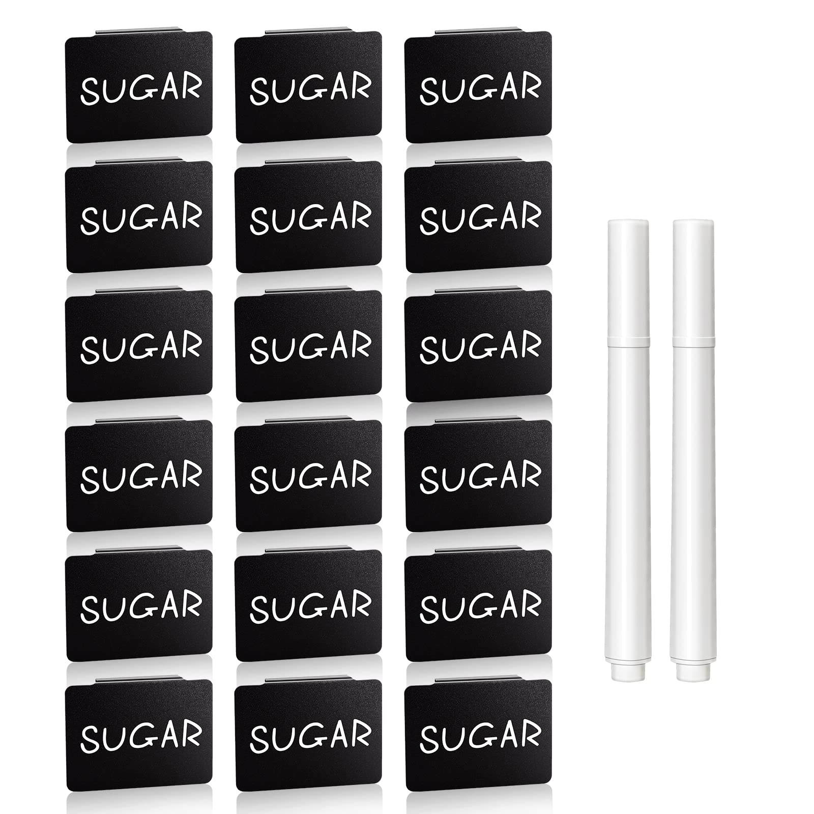 Removable Plastic Clip Labels with White Chalk Markers - 18 Pack for Kitchen Pantry Organization, Storage Bins & Fabric Baskets - Includes 2 Chalk Markers for Easy Labeling - Perfect for Home, Office & Classroom Organization