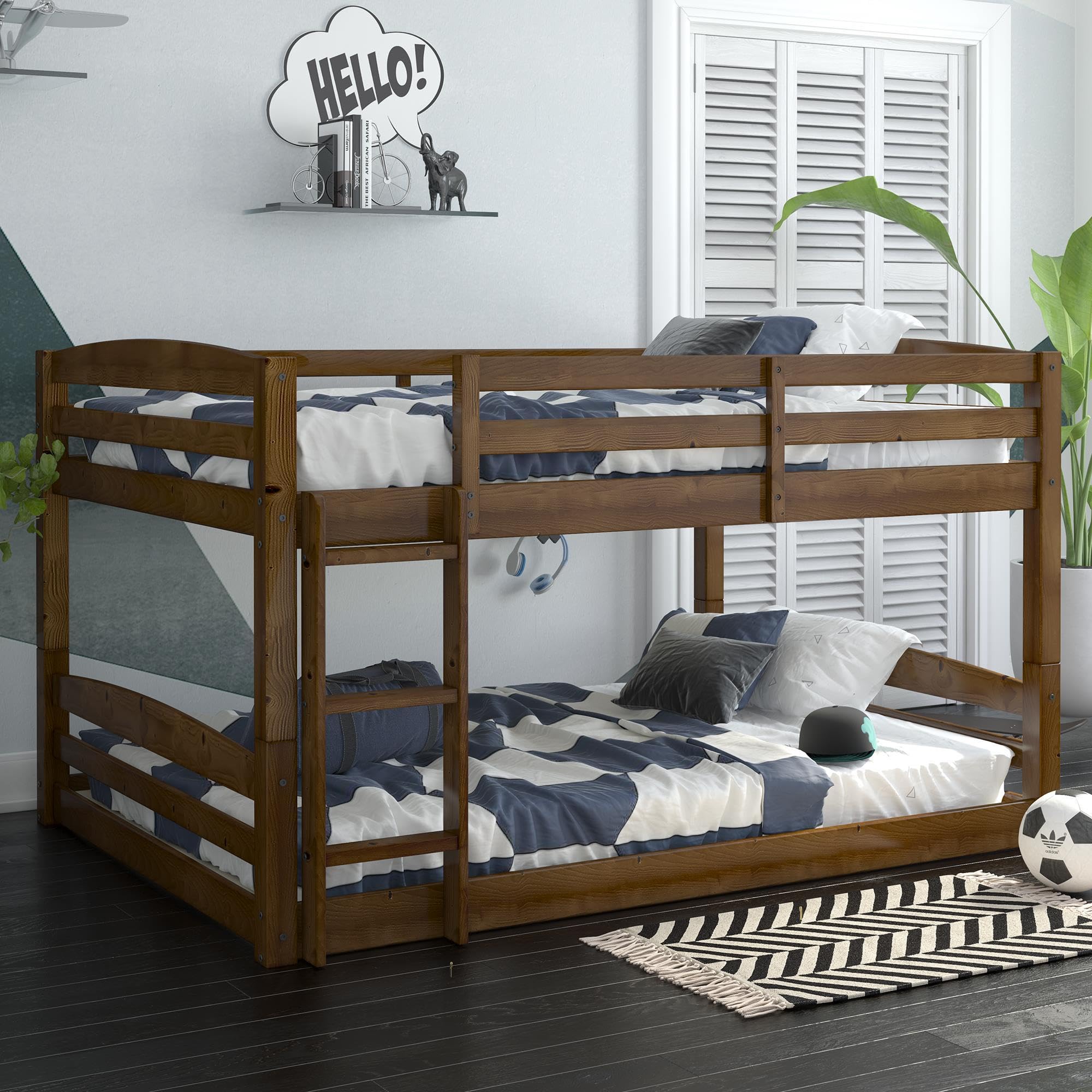 DHP Phoenix Convertible Low Wood Floor Bunk Bed - Full Over Full Stackable Kids Bed Frame with Ladder & High Guardrail | Solid Wood Construction, No Box Spring Needed | Perfect for Small Rooms, Guest Rooms & Kids' Shared Bedrooms