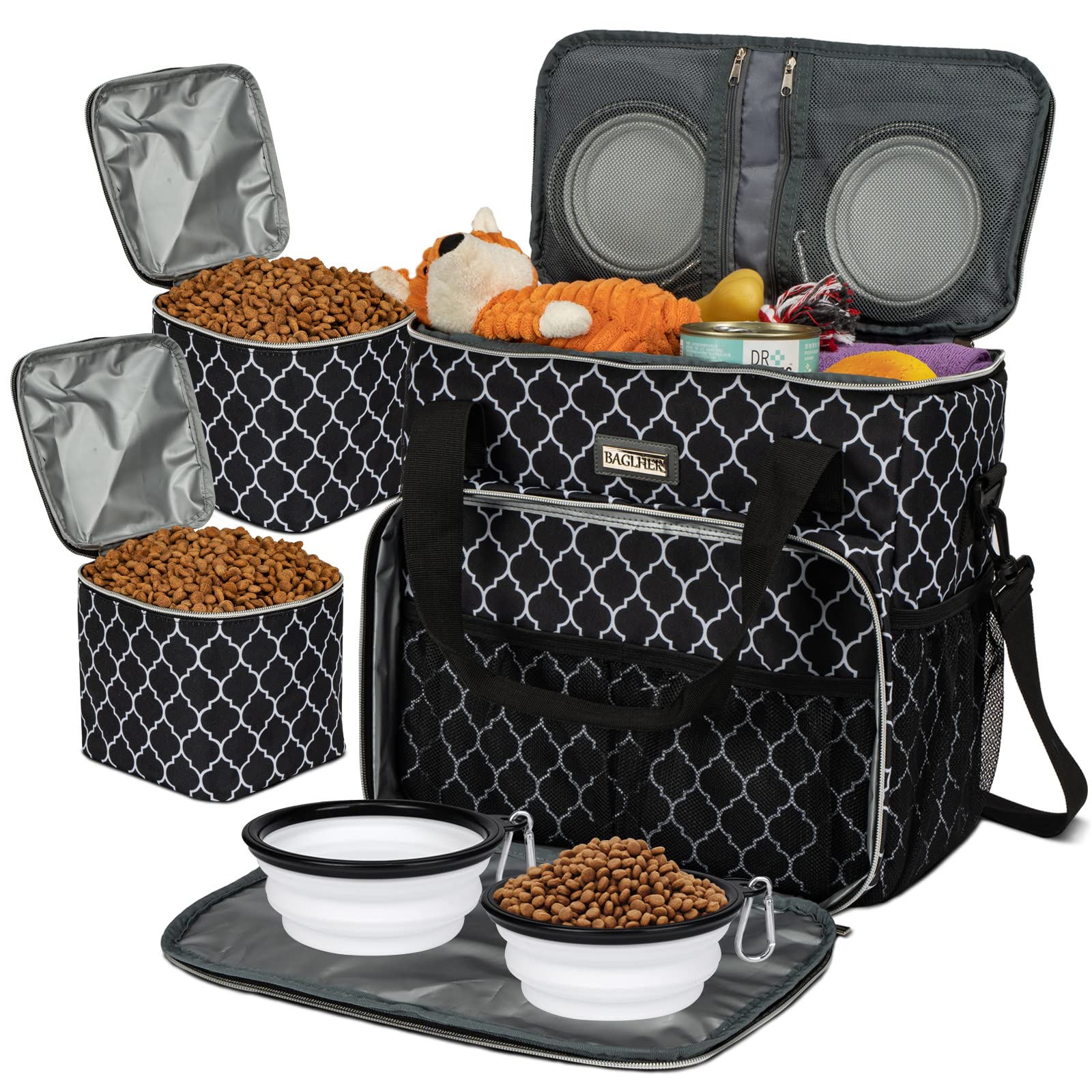 BAGLHER Dog Travel Bag - Waterproof Pet Carrier with 2 Food Containers & Collapsible Bowls | Essential Pet Travel Accessories for Dogs & Cats | Perfect for Road Trips, Camping & Airplane Travel