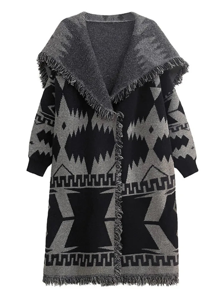 Black Oversized Knit Long Cardigan Sweater for Women - Loose Lapel Long Sleeve Chunky Knitwear - 2025 New Fashion Spring/Autumn Coat (Style 1DH2277) - Perfect for Layering, Office Wear & Casual Outfits