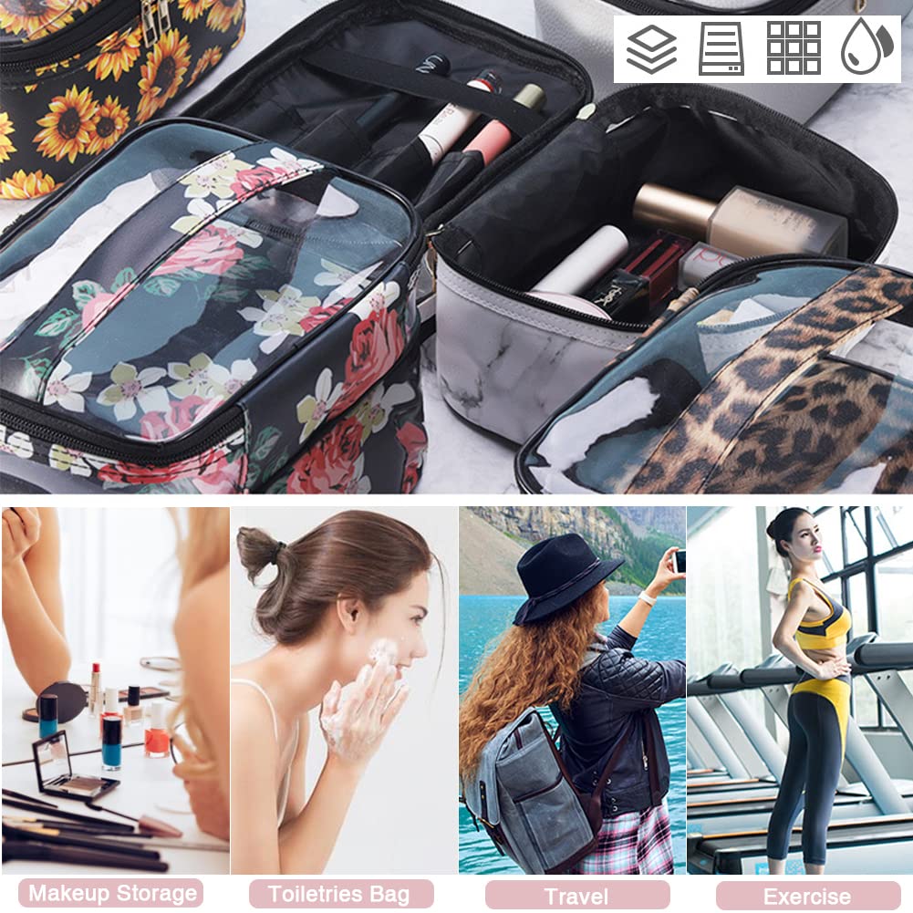 FITINI Double Layer Makeup Bag for Travel - Large Water-Resistant Cosmetic Organizer & Toiletry Case with Brush Holder - Perfect for Women's Makeup Storage, Sunflower Design | Ideal for Travel, Gym, and Daily Beauty Essentials