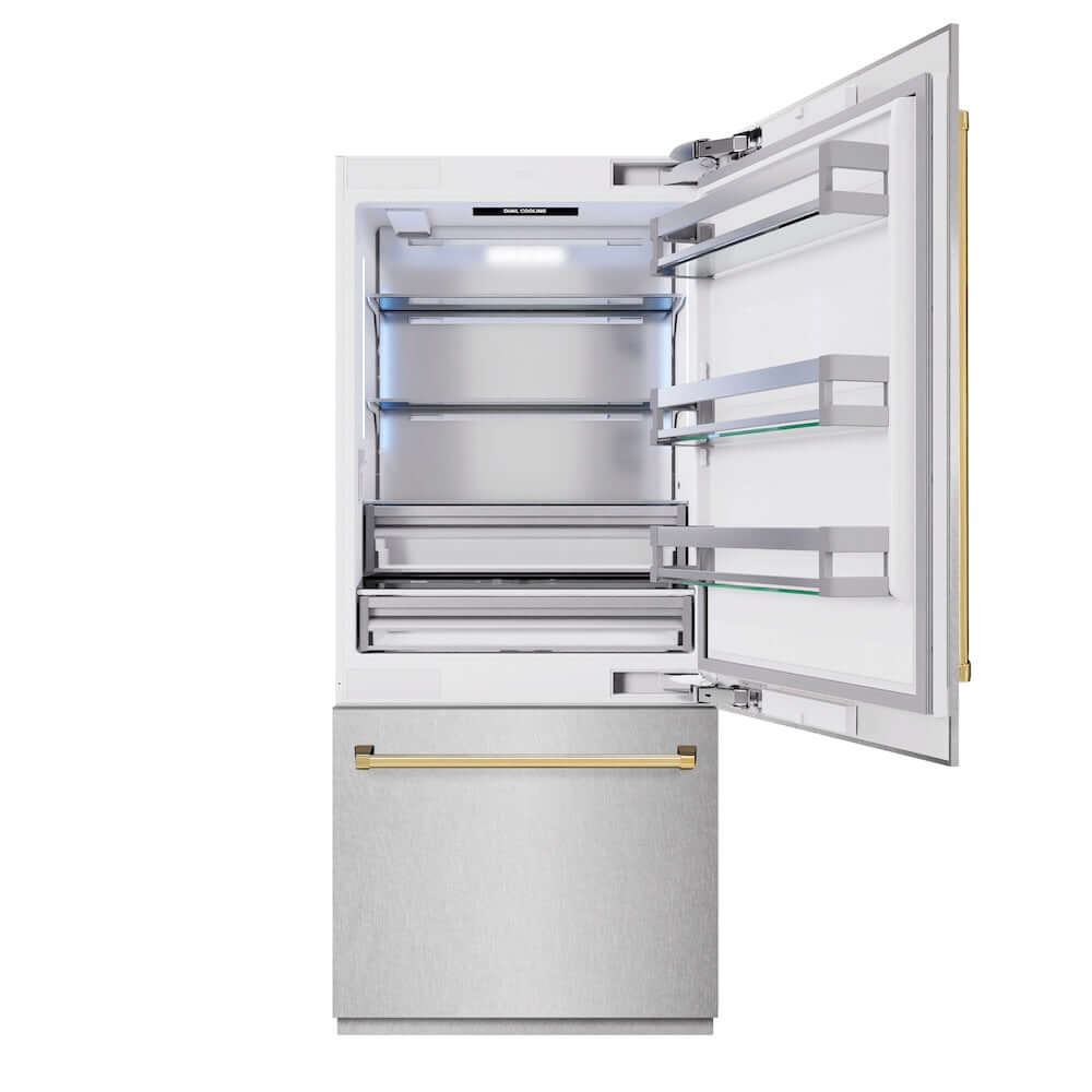 ZLINE Autograph Edition 36 Inch Built-In Bottom Freezer Refrigerator - 19.8 cu.ft Capacity with Water Dispenser & Ice Maker - Satin Stainless Steel with Polished Gold Accents (RBITZ SN 36 G) - Perfect for Modern Kitchens, Open Concept Homes & Luxury Appliances
