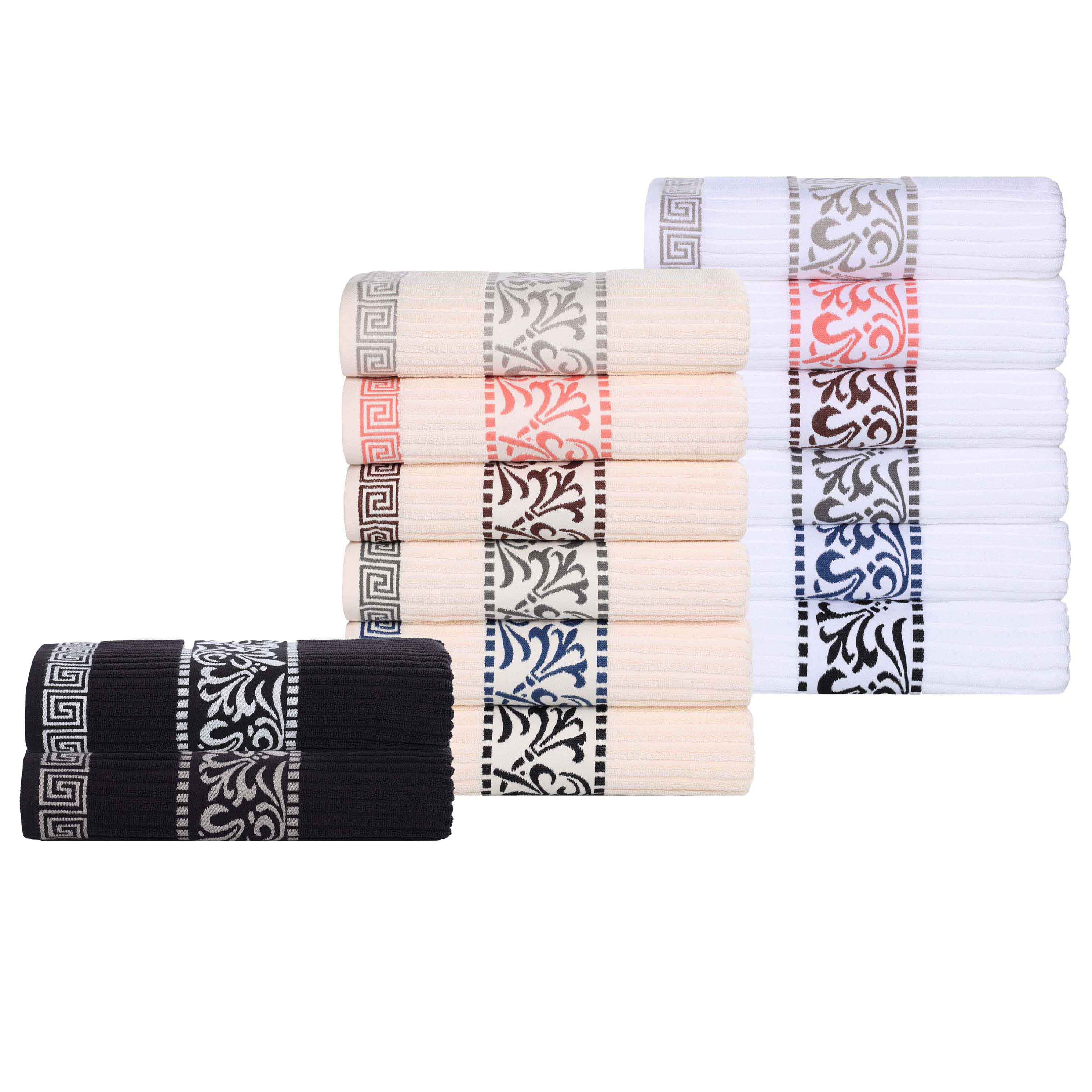 Athens Cotton Greek Scroll and Floral 6-Piece Bath Towel Set - Soft & Absorbent for Bathroom, Spa, and Beach Use
