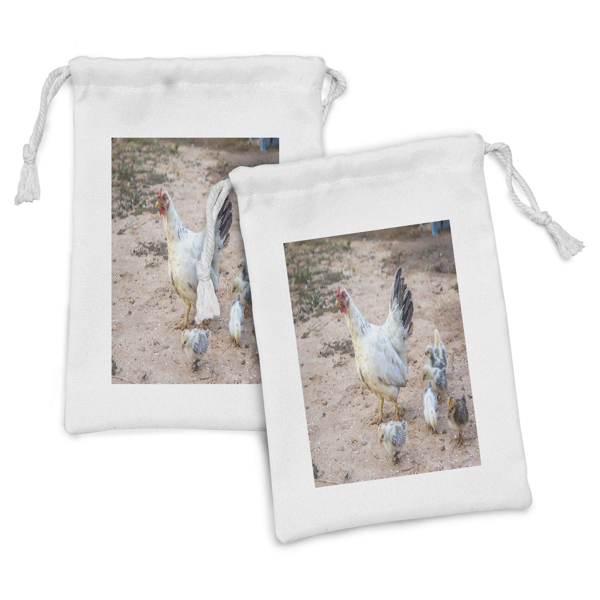 Ambesonne 2-Pack Farm Theme Fabric Pouches - Hen and Chicks Print Drawstring Bags (9