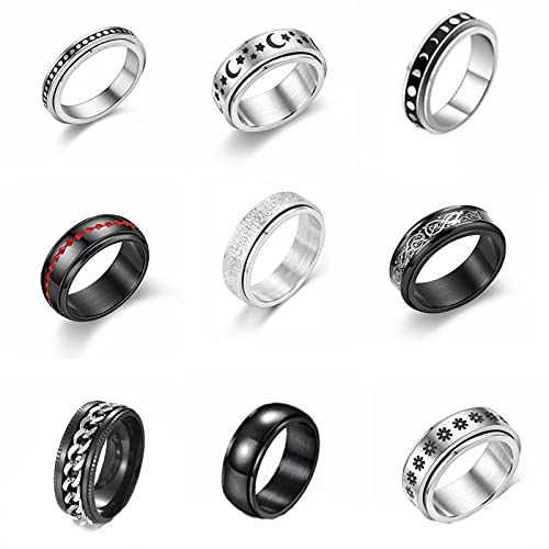 9-Piece Stainless Steel Fidget Rings Set for Women & Men - Spinner Rings with Flower, Moon & Star Designs - Anxiety Relief & Stress Relieving Jewelry - Perfect as Wedding Promise Rings (Sizes 5-10) - Great for Office, Travel & ADHD Focus Aid