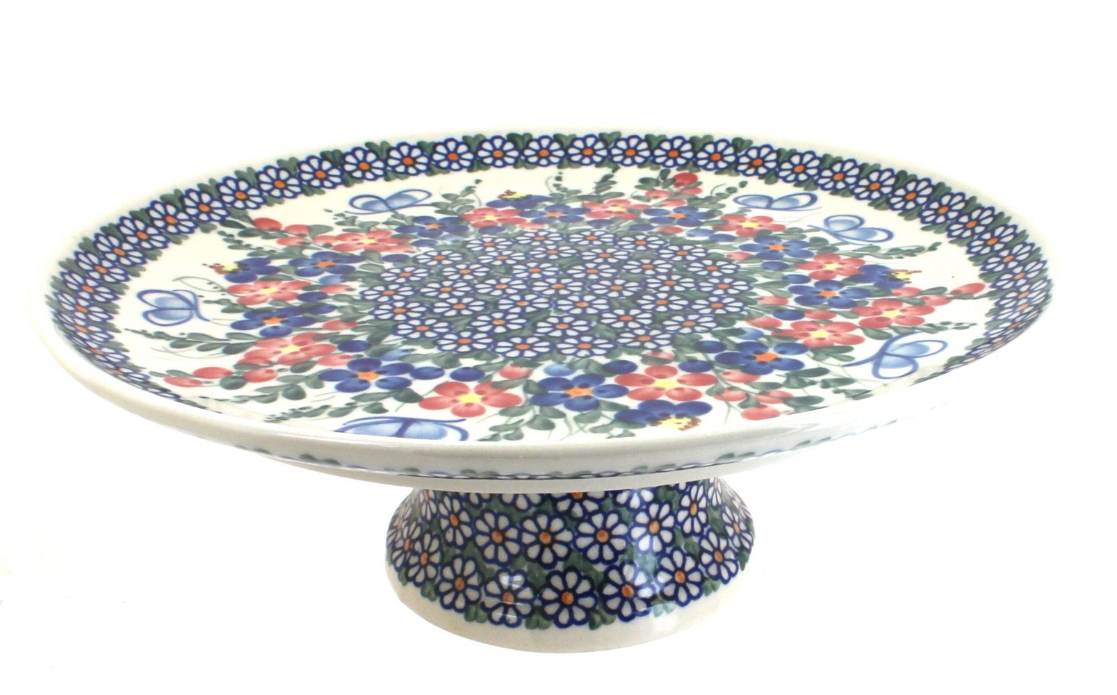 Handmade Blue Rose Polish Pottery Butterfly Cake Plate - Elegant Garden Party Dessert Serving Dish for Afternoon Tea & Special Occasions